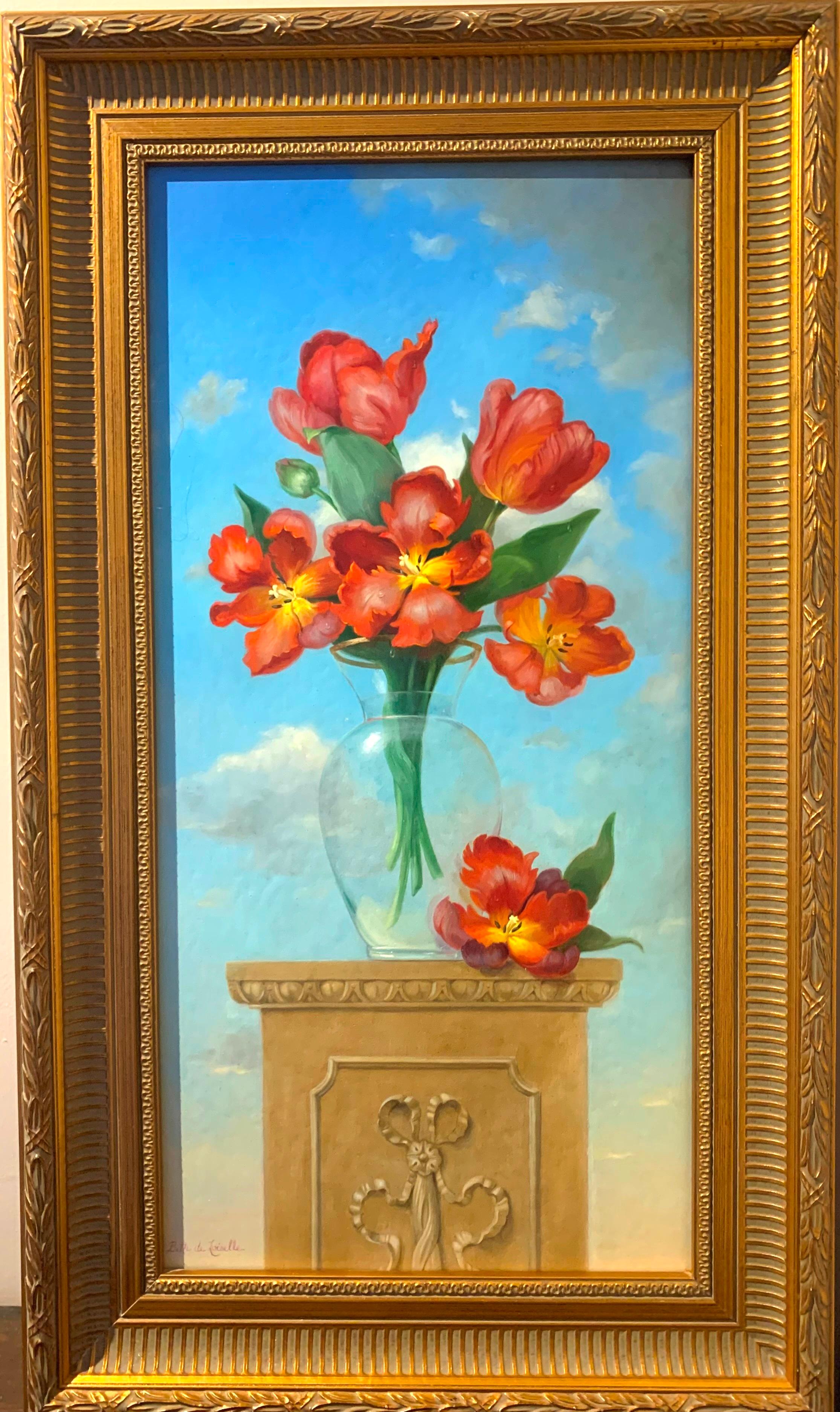 Vibrant Red Parrot Tulips Reach Up to The Sky in Dramatic Vertical Still-Life For Sale 1