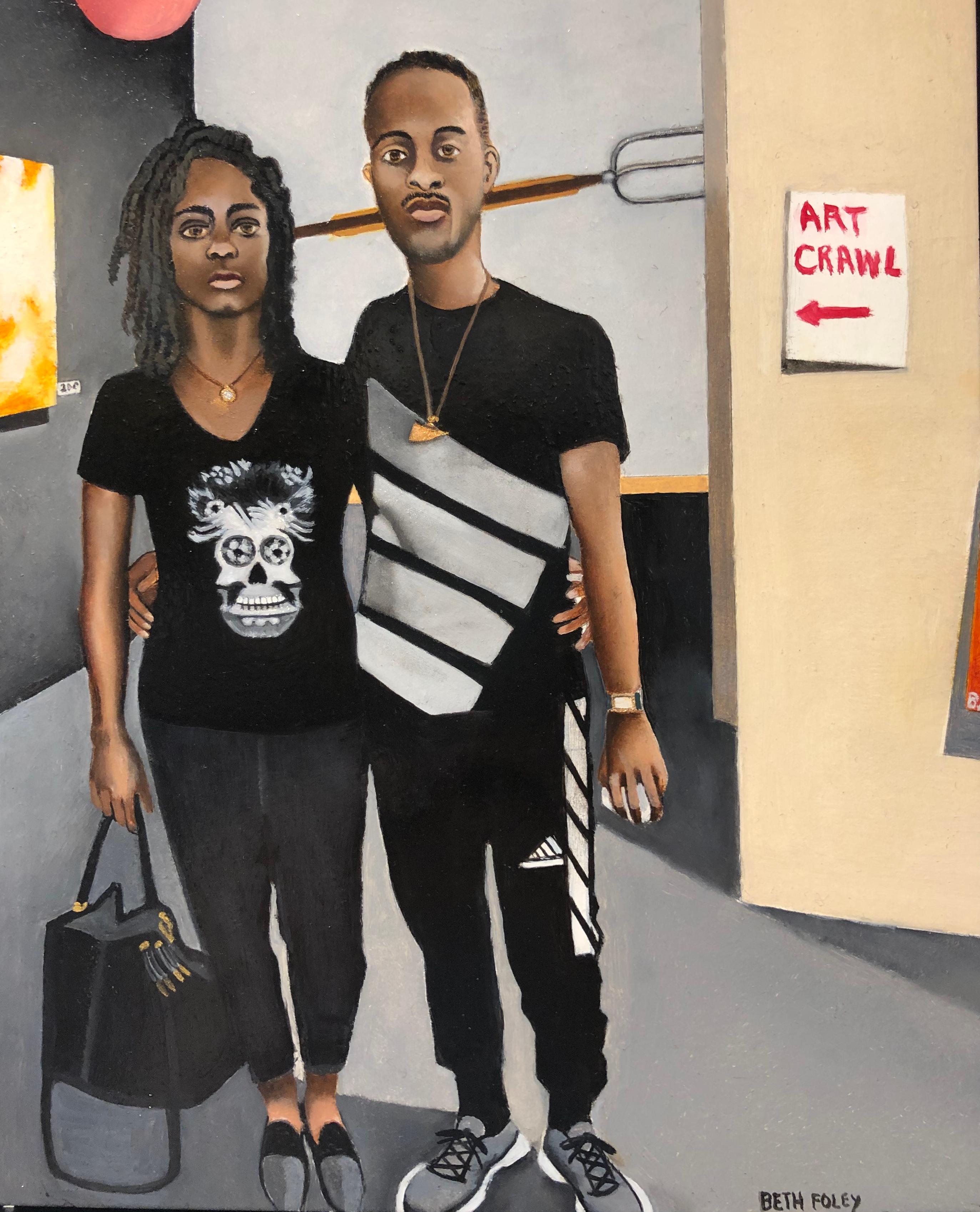 Beth Foley Figurative Painting - African American Gothic, Homage to Grant Wood, Original Oil on Panel