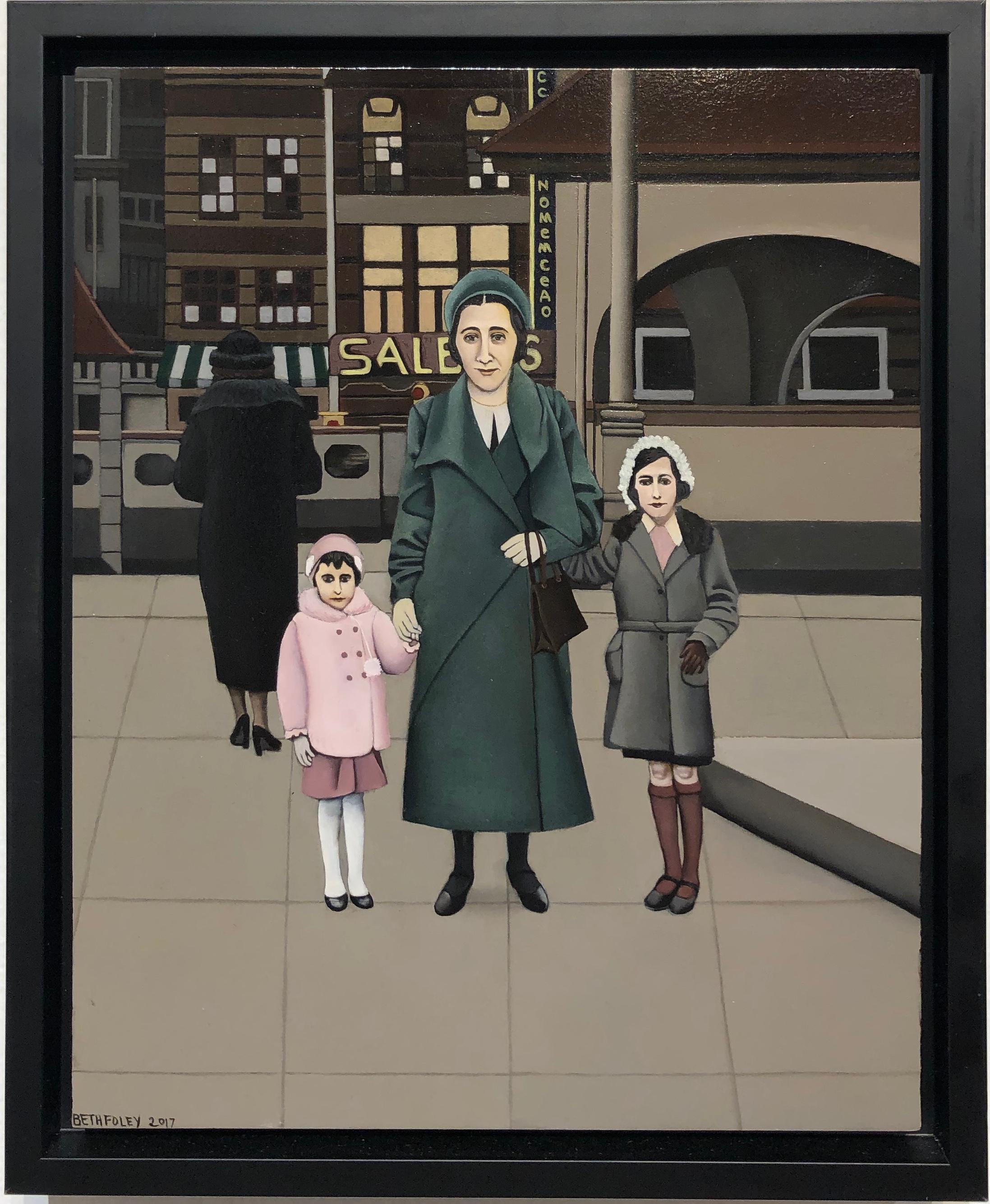 Anne, Edith, and Margot Frank, Three Female Figures, Original Oil on Panel - Painting by Beth Foley
