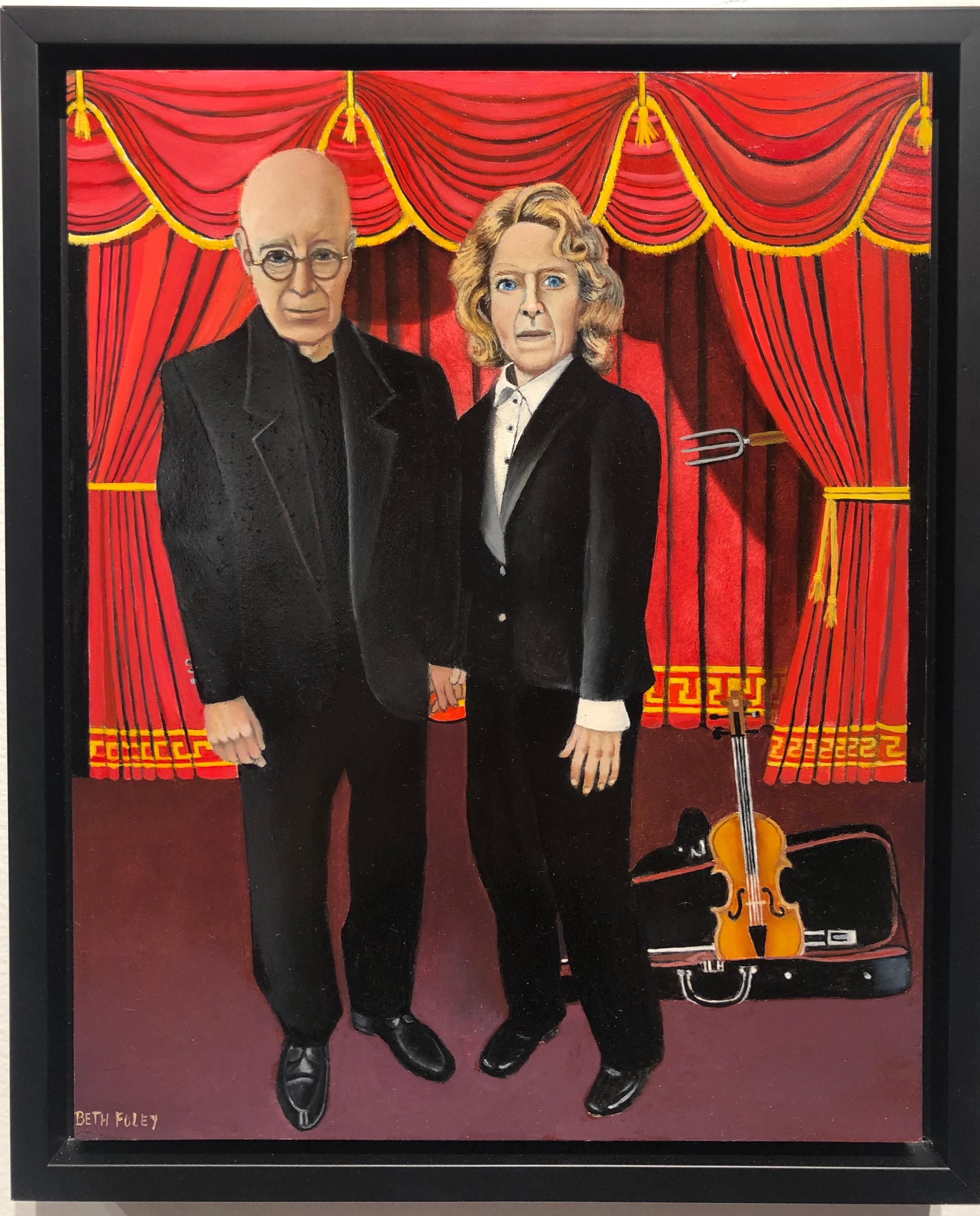Highbrow American Gothic, Homage to Grant Wood, Original Oil on Panel, Framed - Painting by Beth Foley