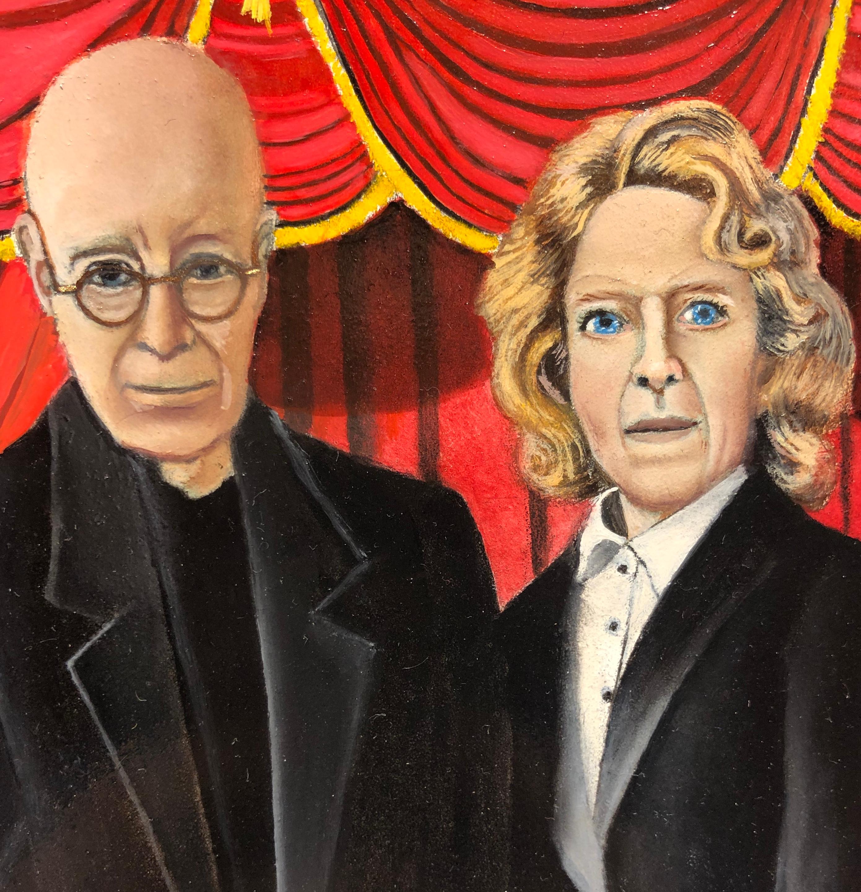 Highbrow American Gothic, Homage to Grant Wood, Original Oil on Panel, Framed - Contemporary Painting by Beth Foley