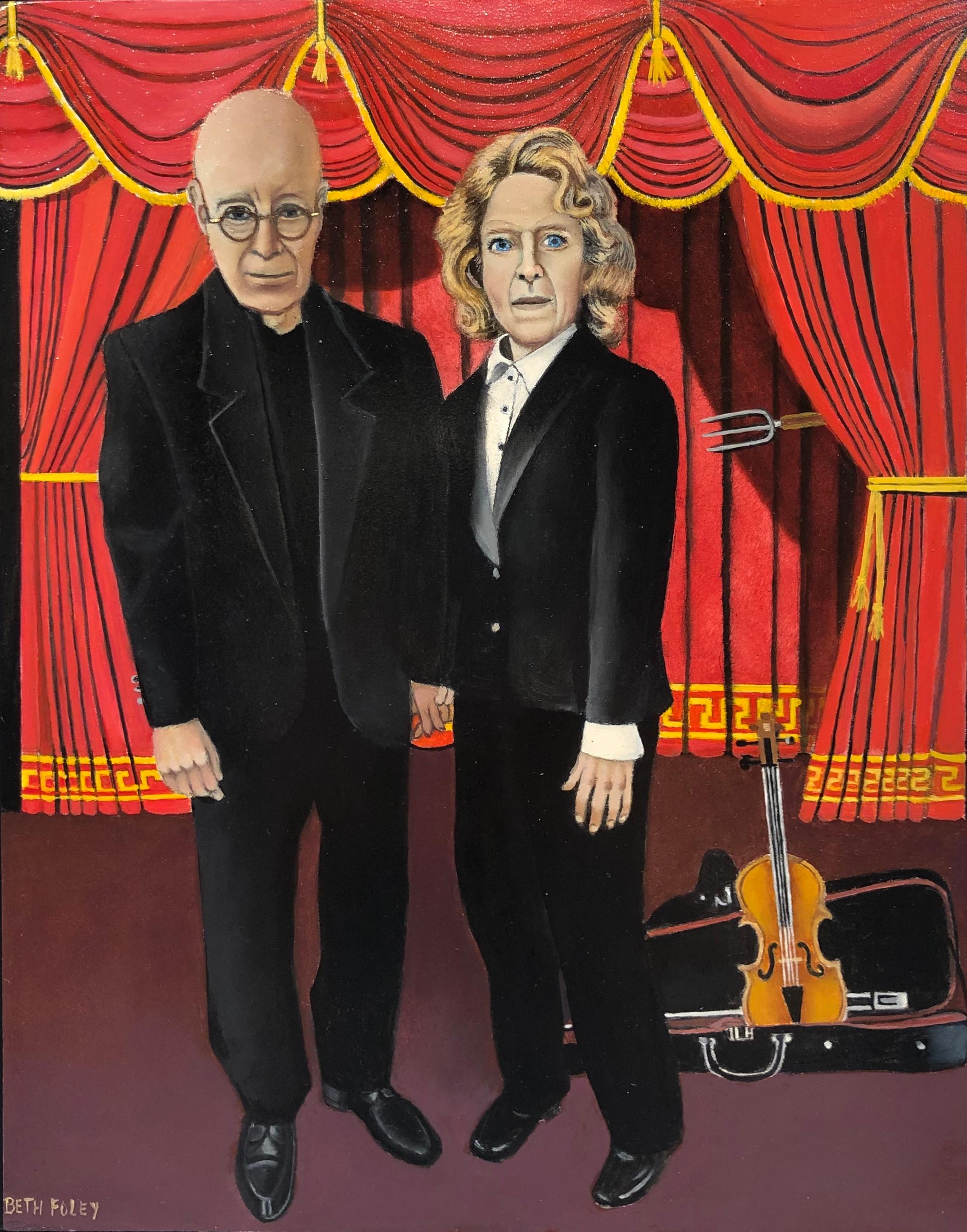 Beth Foley Figurative Painting - Highbrow American Gothic, Homage to Grant Wood, Original Oil on Panel, Framed