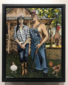 Hillbilly American Gothic, Homage to Grant Wood, Original Oil on Panel, Framed
