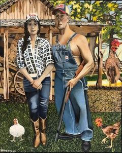 Hillbilly American Gothic, Homage to Grant Wood, Original Oil on Panel, Framed