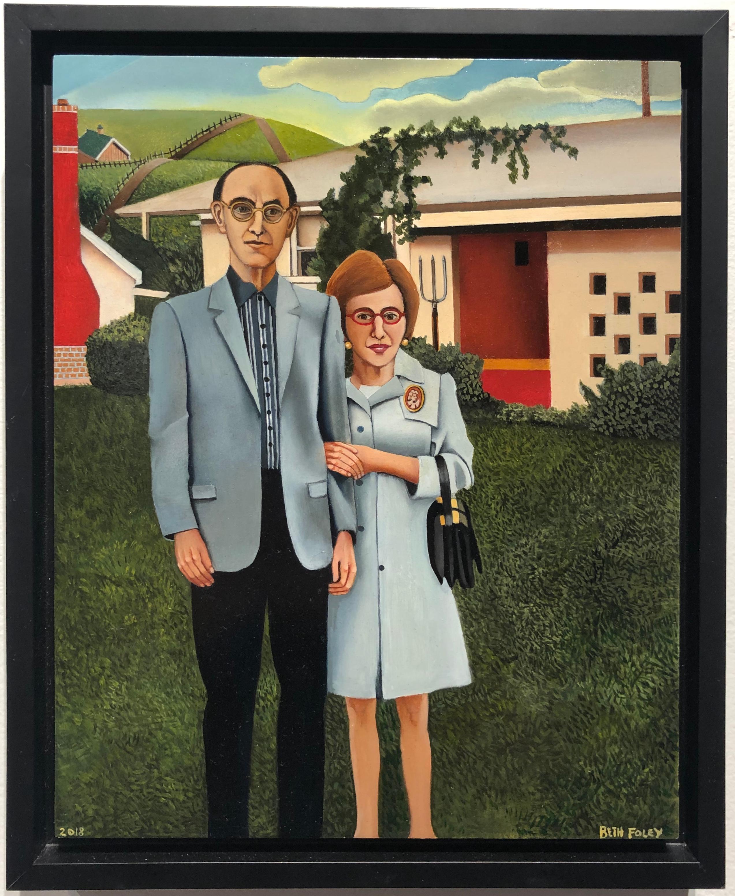 Jewish American Gothic, Homage to Grant Wood, Original Oil on Panel, Framed - Painting by Beth Foley