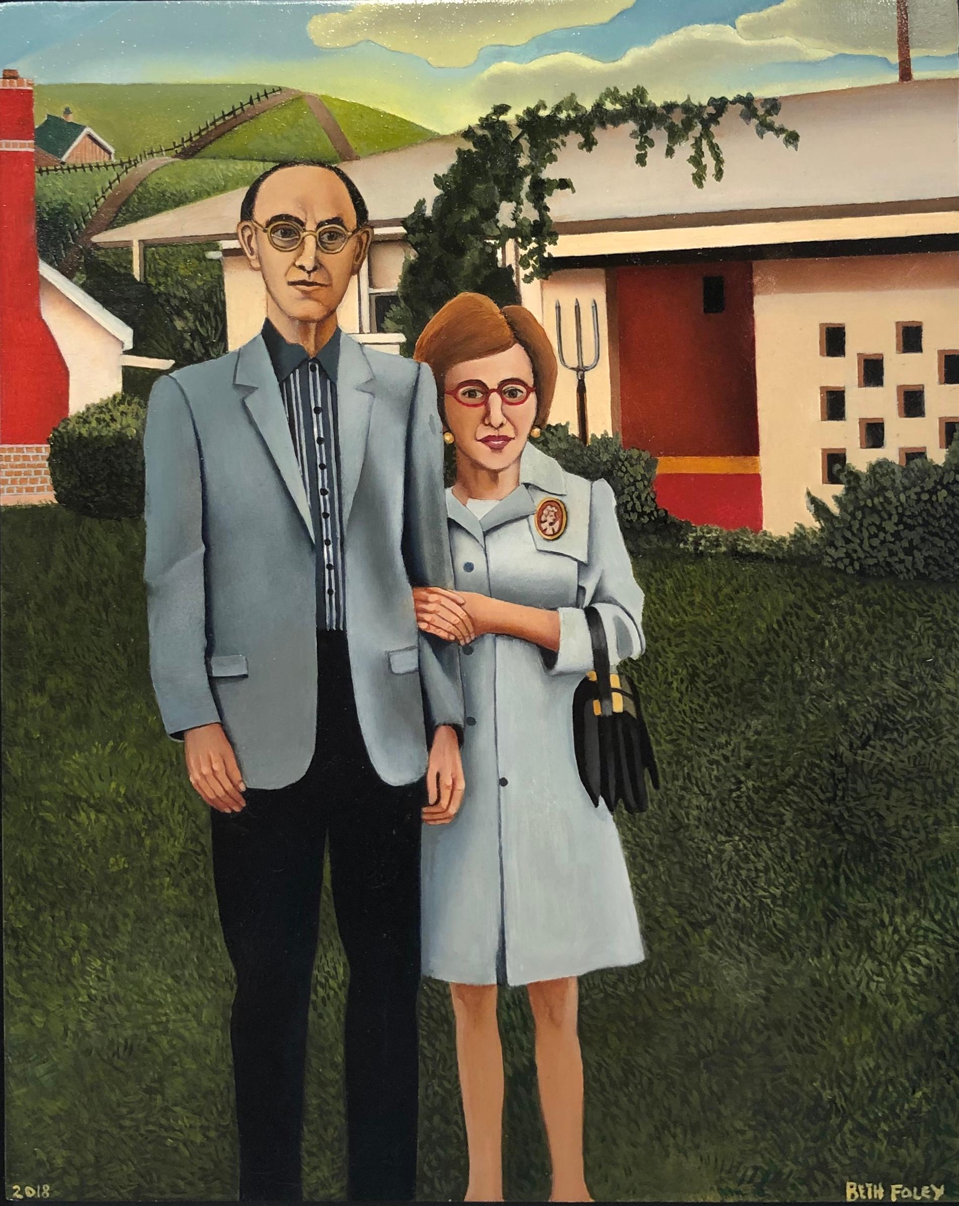 Beth Foley Landscape Painting - Jewish American Gothic, Homage to Grant Wood, Original Oil on Panel, Framed