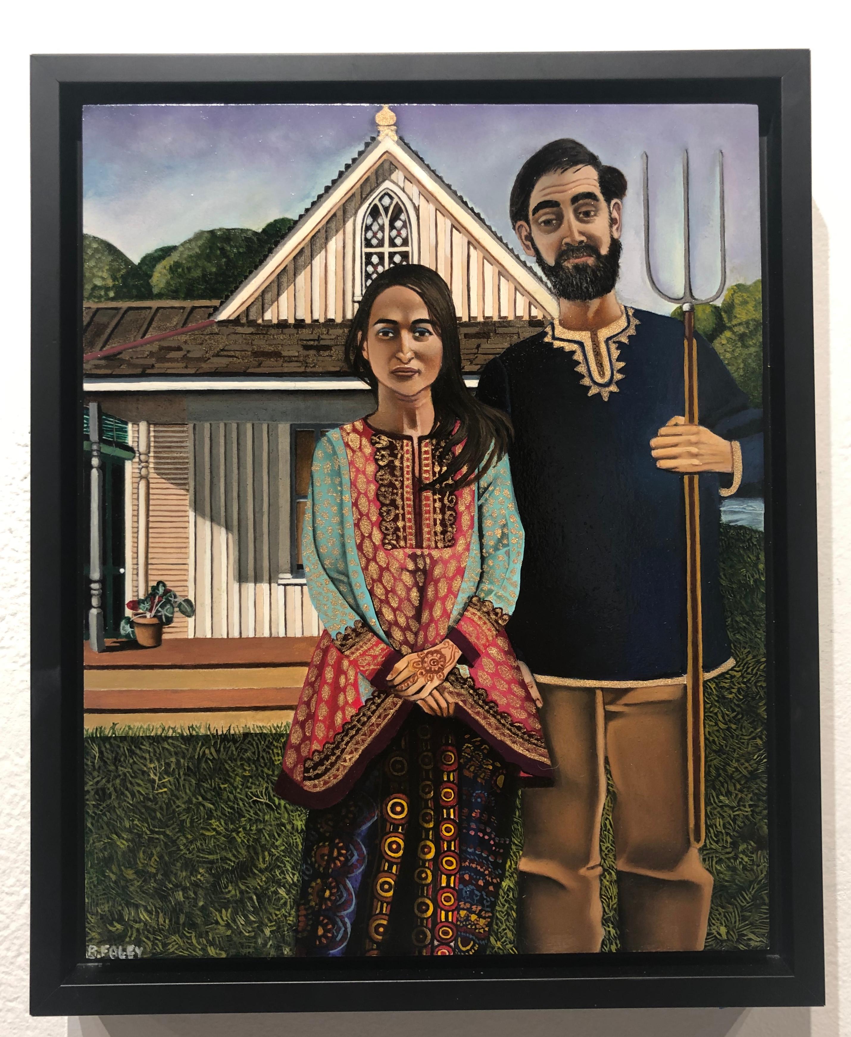 Muslim American Gothic, Homage to Grant Wood, Original Oil on Panel, Framed - Painting by Beth Foley