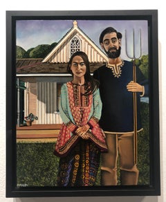Muslim American Gothic, Homage to Grant Wood, Original Oil on Panel, Framed