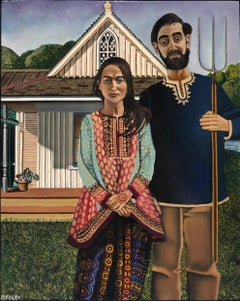 Gothique musulman Américain:: Hommage à Grant Wood:: Huile sur panneau d'origine:: encadrée