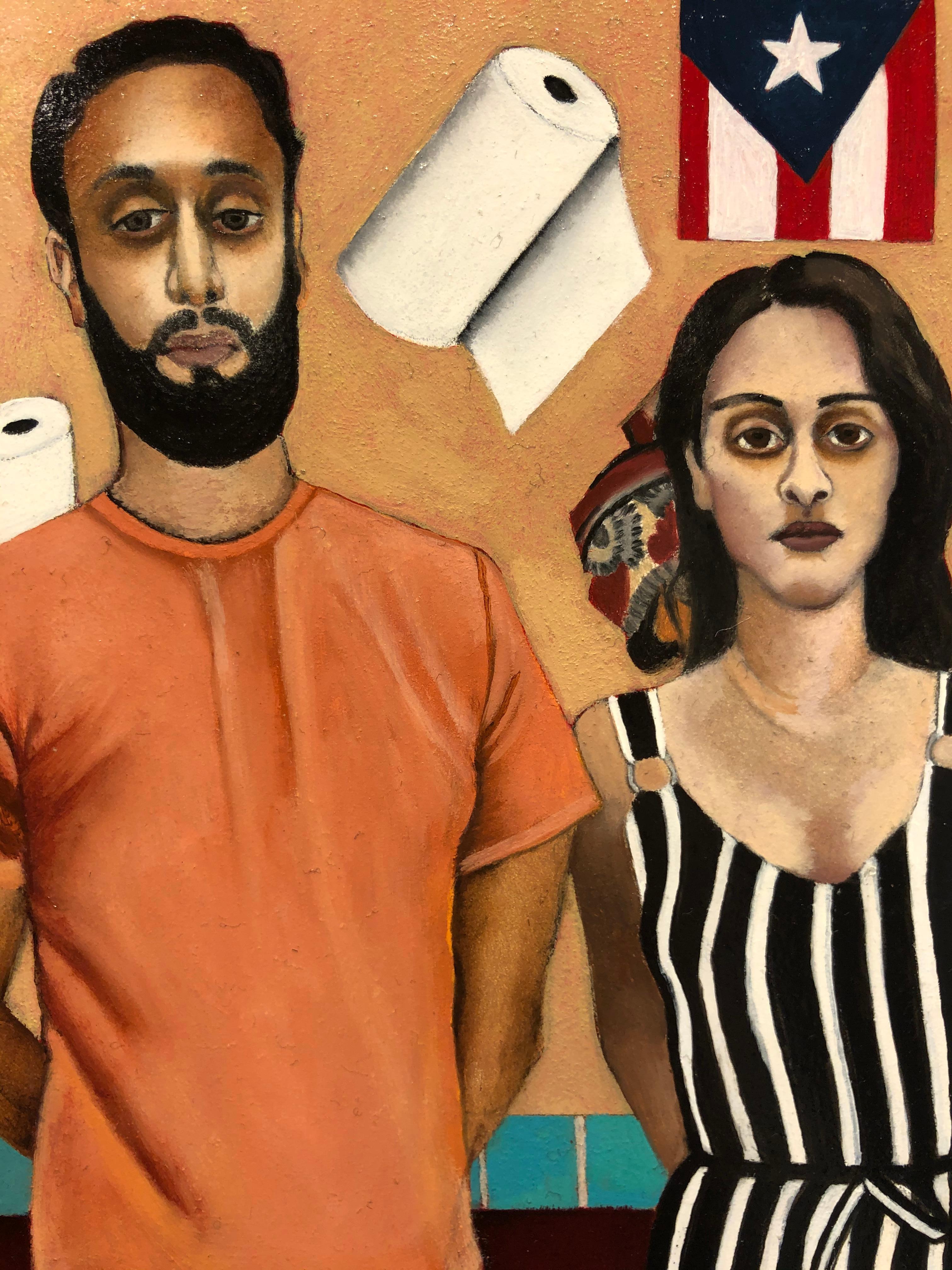 Puerto Rican American Gothic, Homage to Grant Wood, Oil on Panel, Framed - Painting by Beth Foley