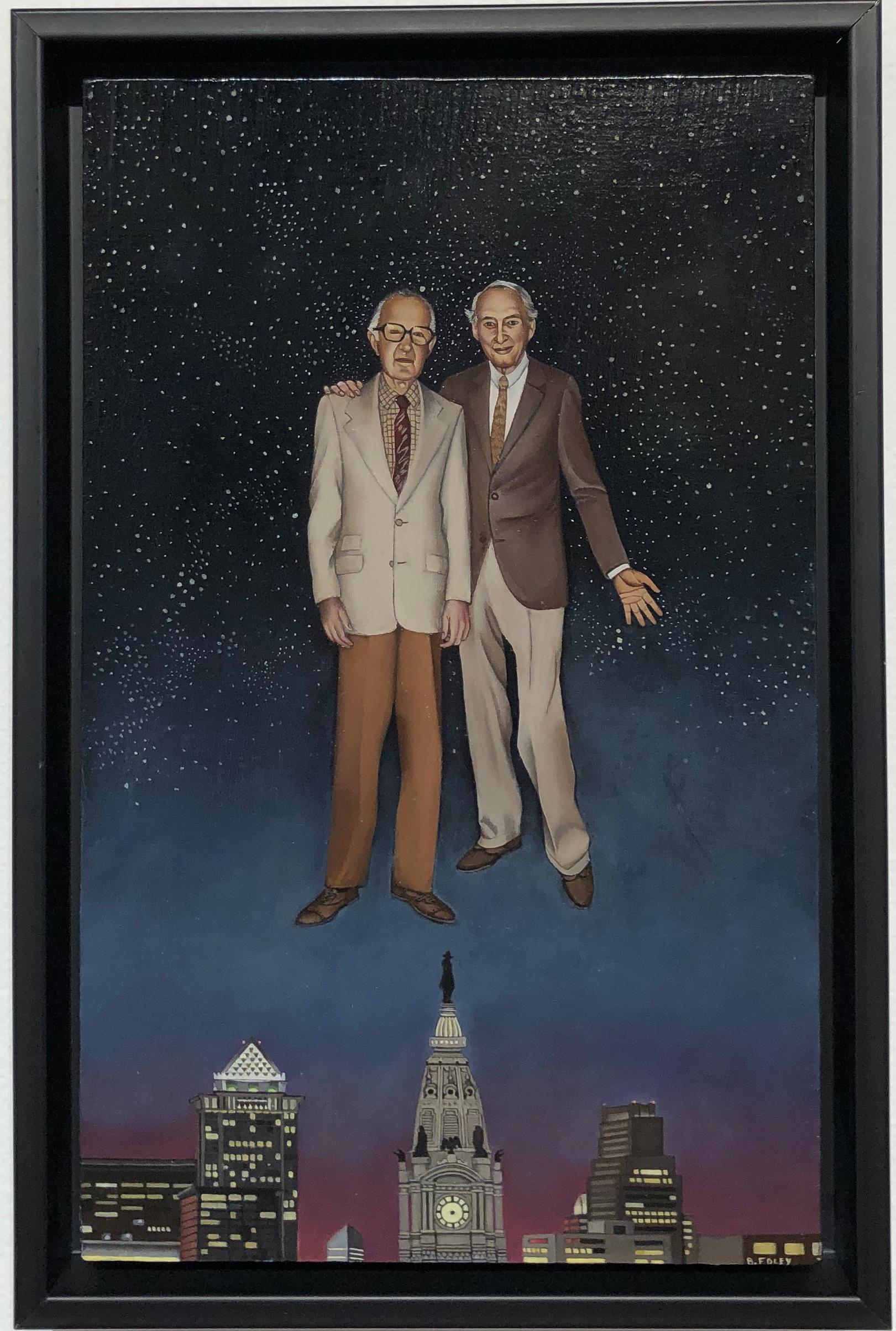 To Be Born Again - First You have to Die, Two Male Figures Floating Above a City - Painting by Beth Foley