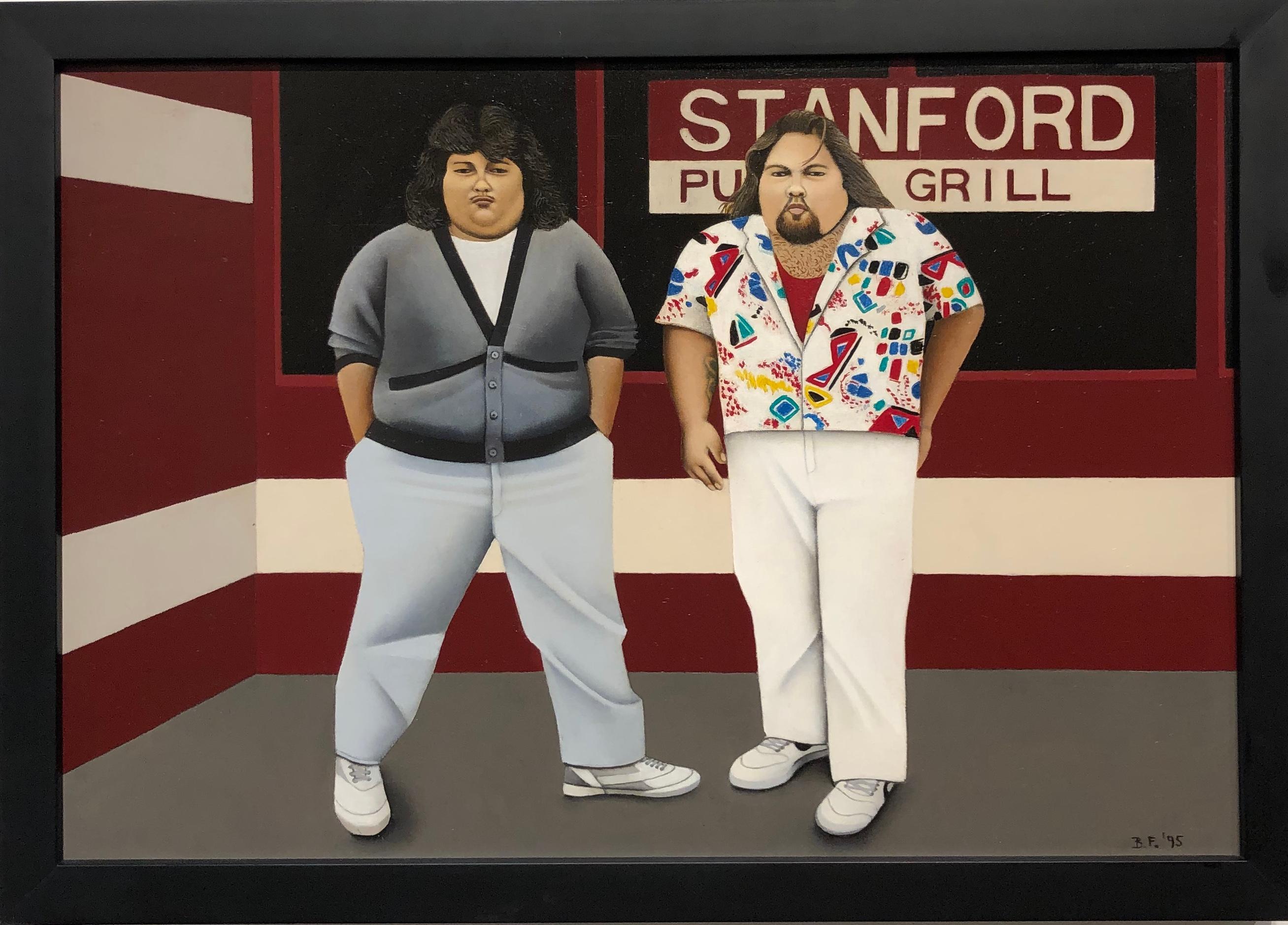 Waiting for Botero, Two Portly Male Figures at a Restaurant, Oil on Panel - Painting by Beth Foley
