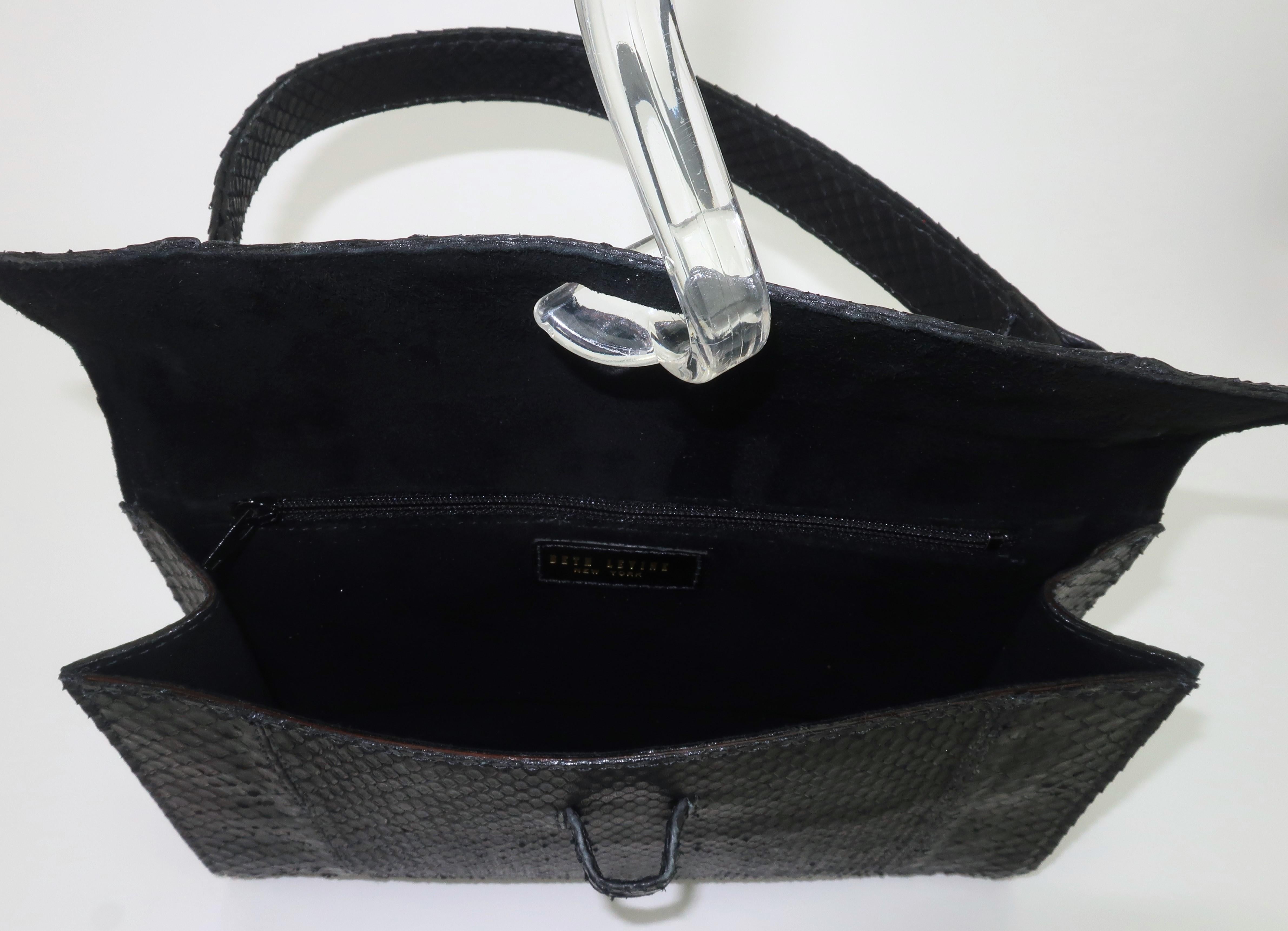 BETH LEVINE Black Snakeskin Handbag With Carved Stone Closure For Sale 7