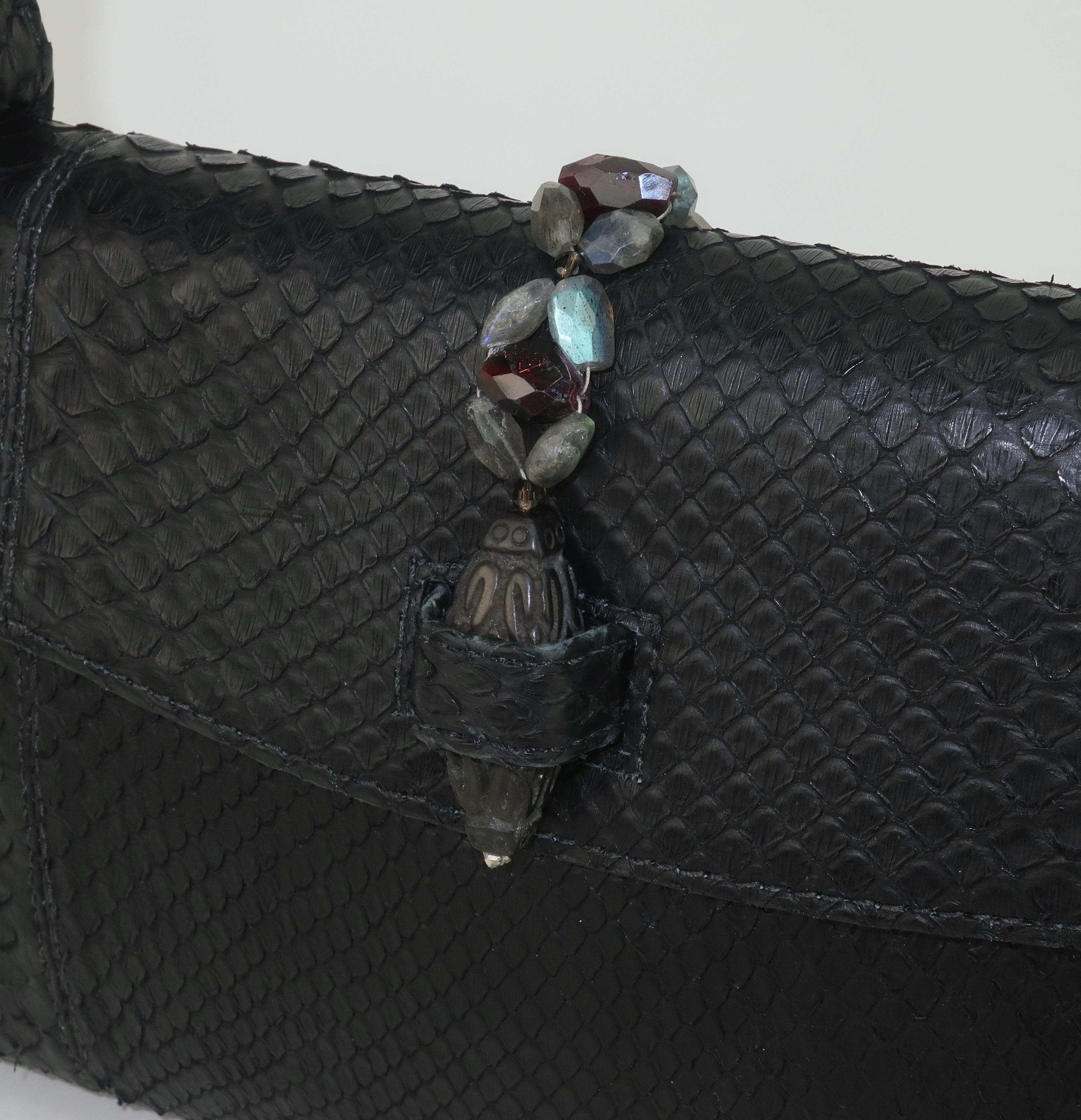 BETH LEVINE Black Snakeskin Handbag With Carved Stone Closure In Good Condition For Sale In Atlanta, GA