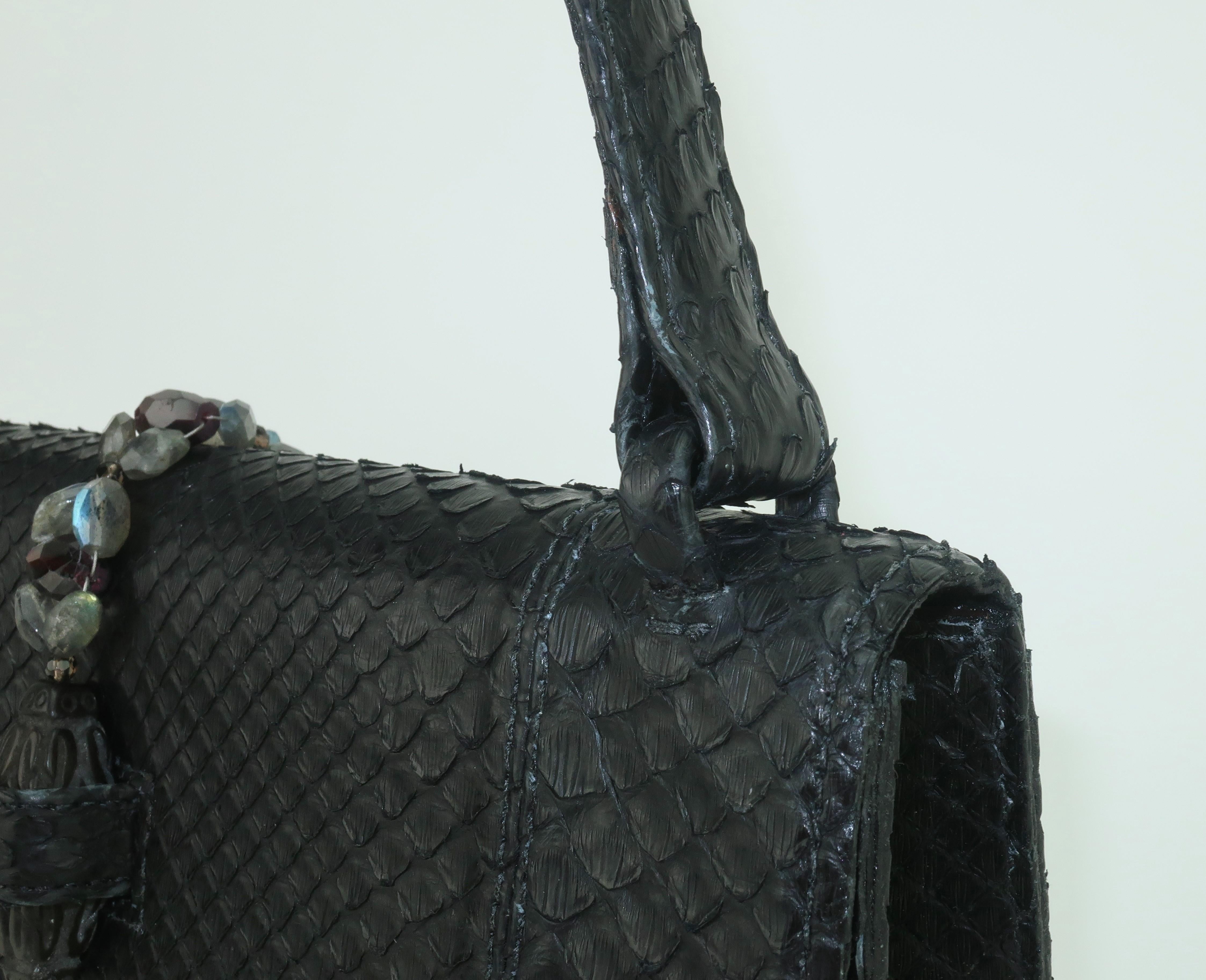 Women's BETH LEVINE Black Snakeskin Handbag With Carved Stone Closure For Sale