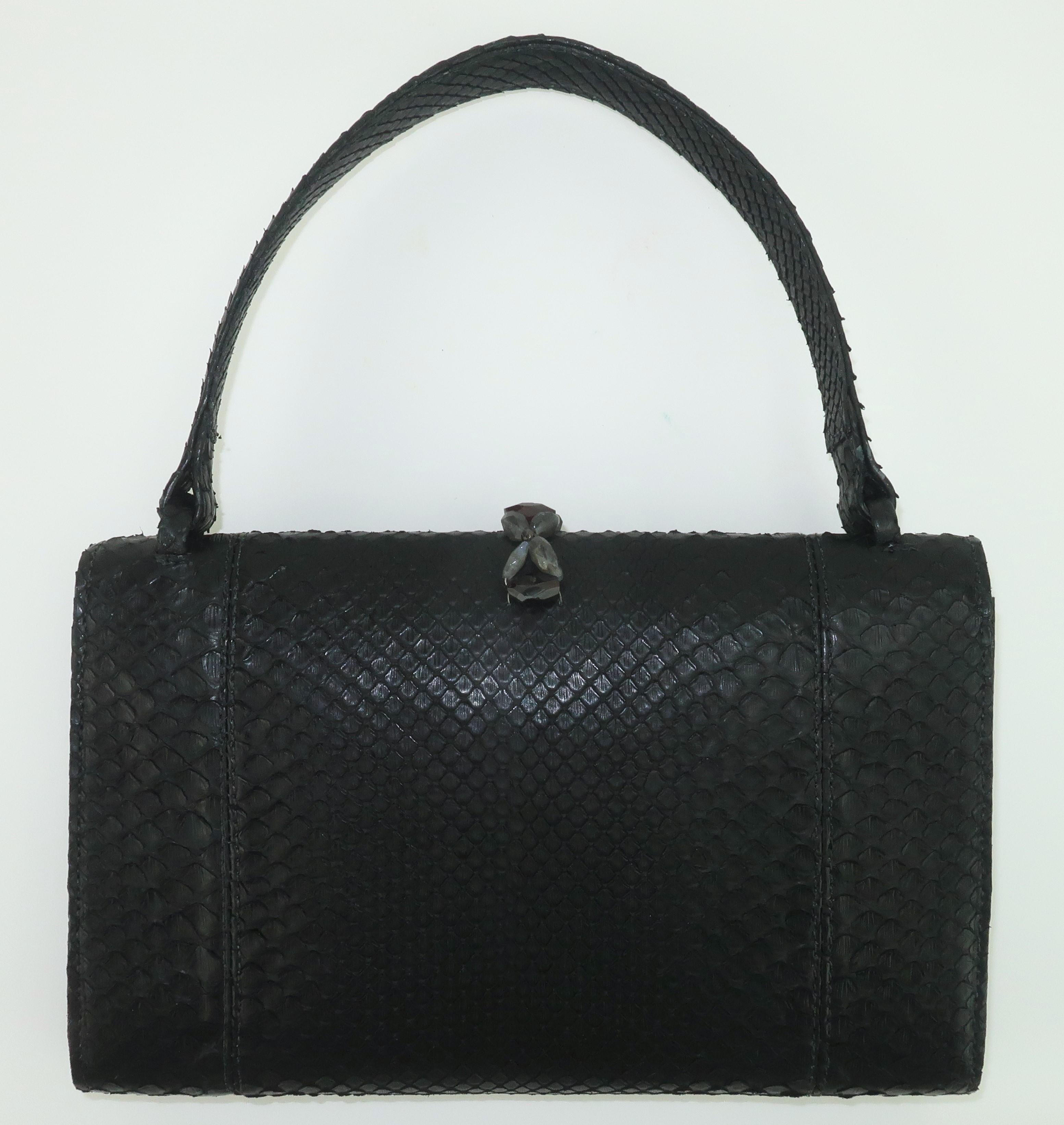 BETH LEVINE Black Snakeskin Handbag With Carved Stone Closure For Sale 1