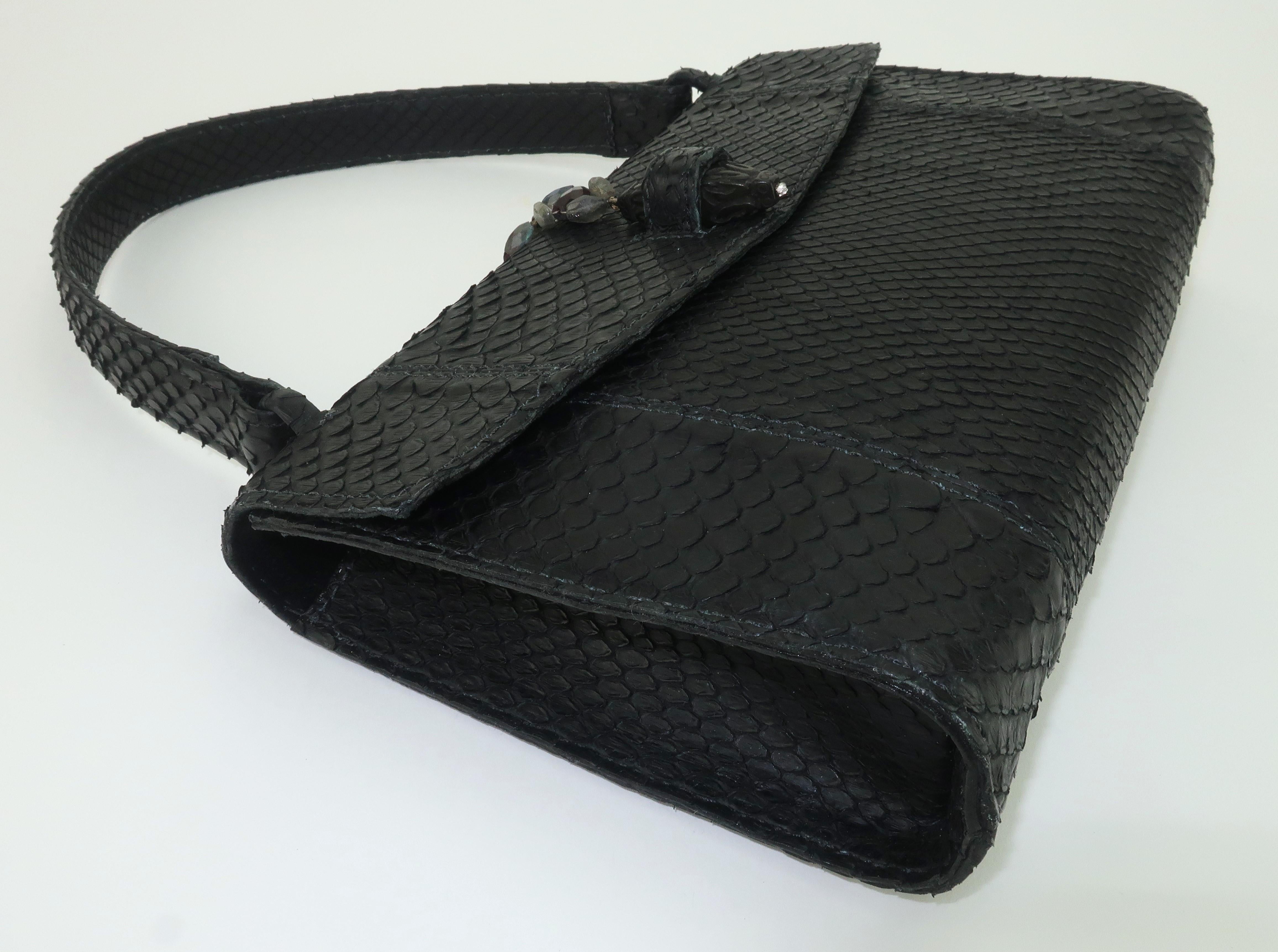 BETH LEVINE Black Snakeskin Handbag With Carved Stone Closure For Sale 3