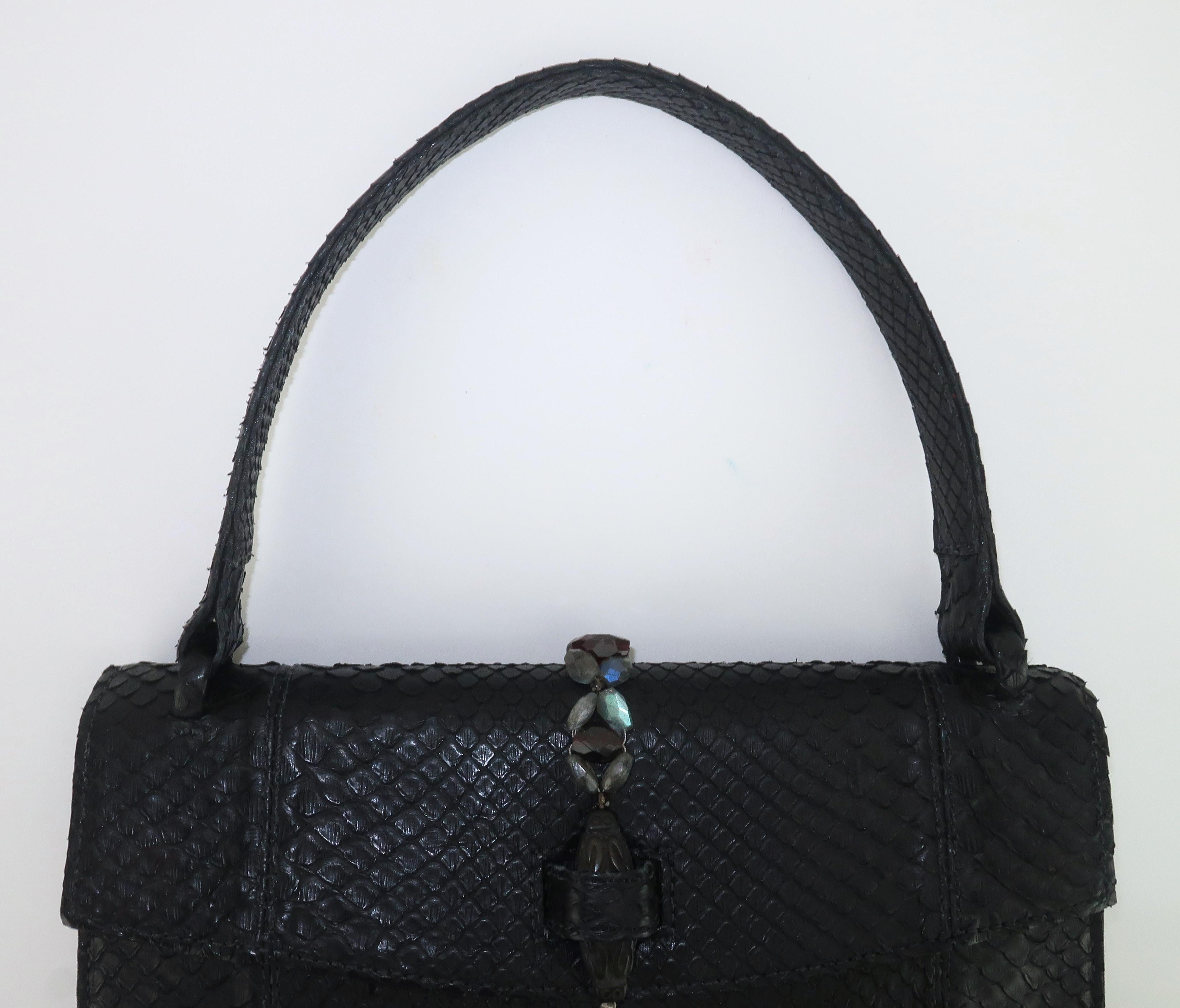 BETH LEVINE Black Snakeskin Handbag With Carved Stone Closure For Sale 4
