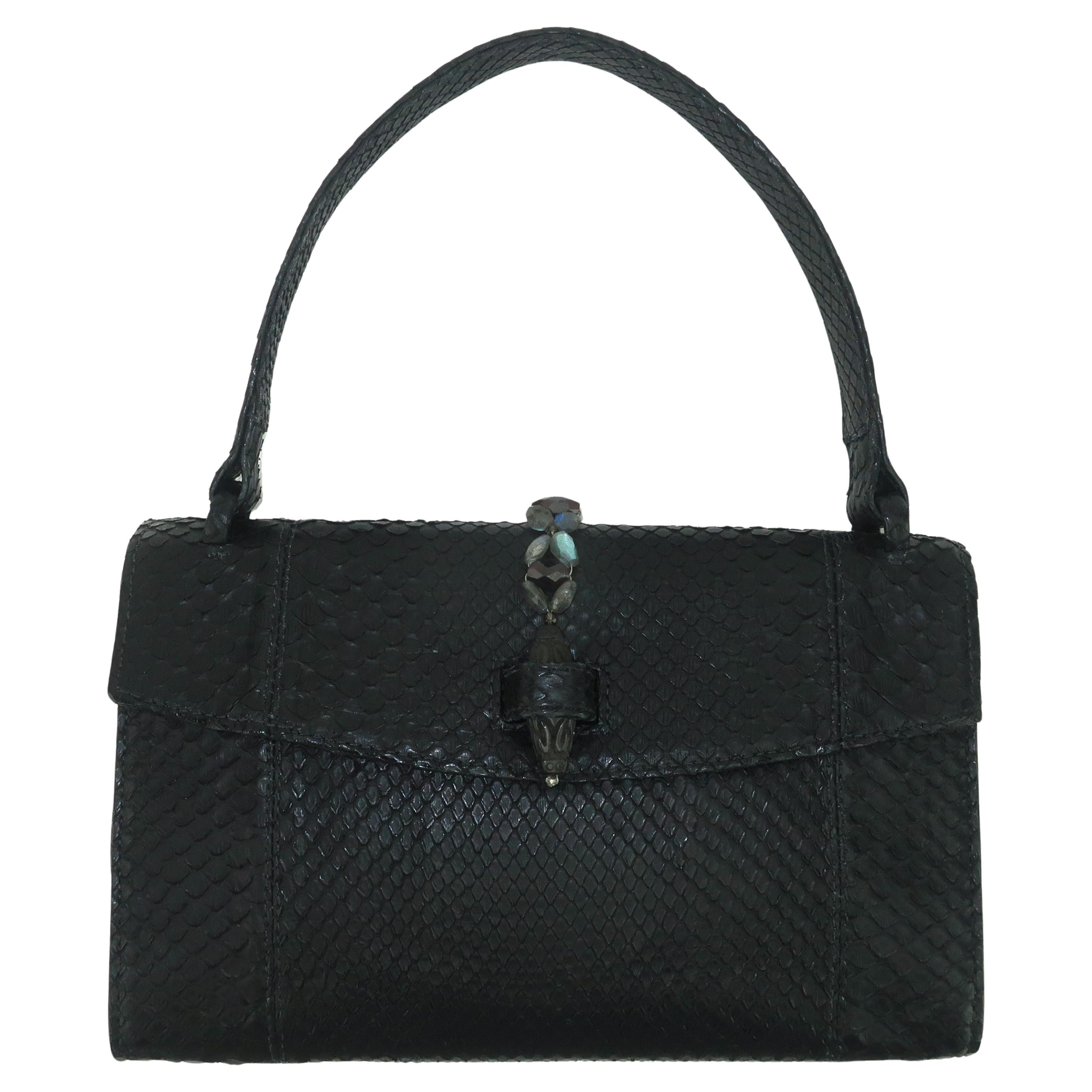 BETH LEVINE Black Snakeskin Handbag With Carved Stone Closure For Sale