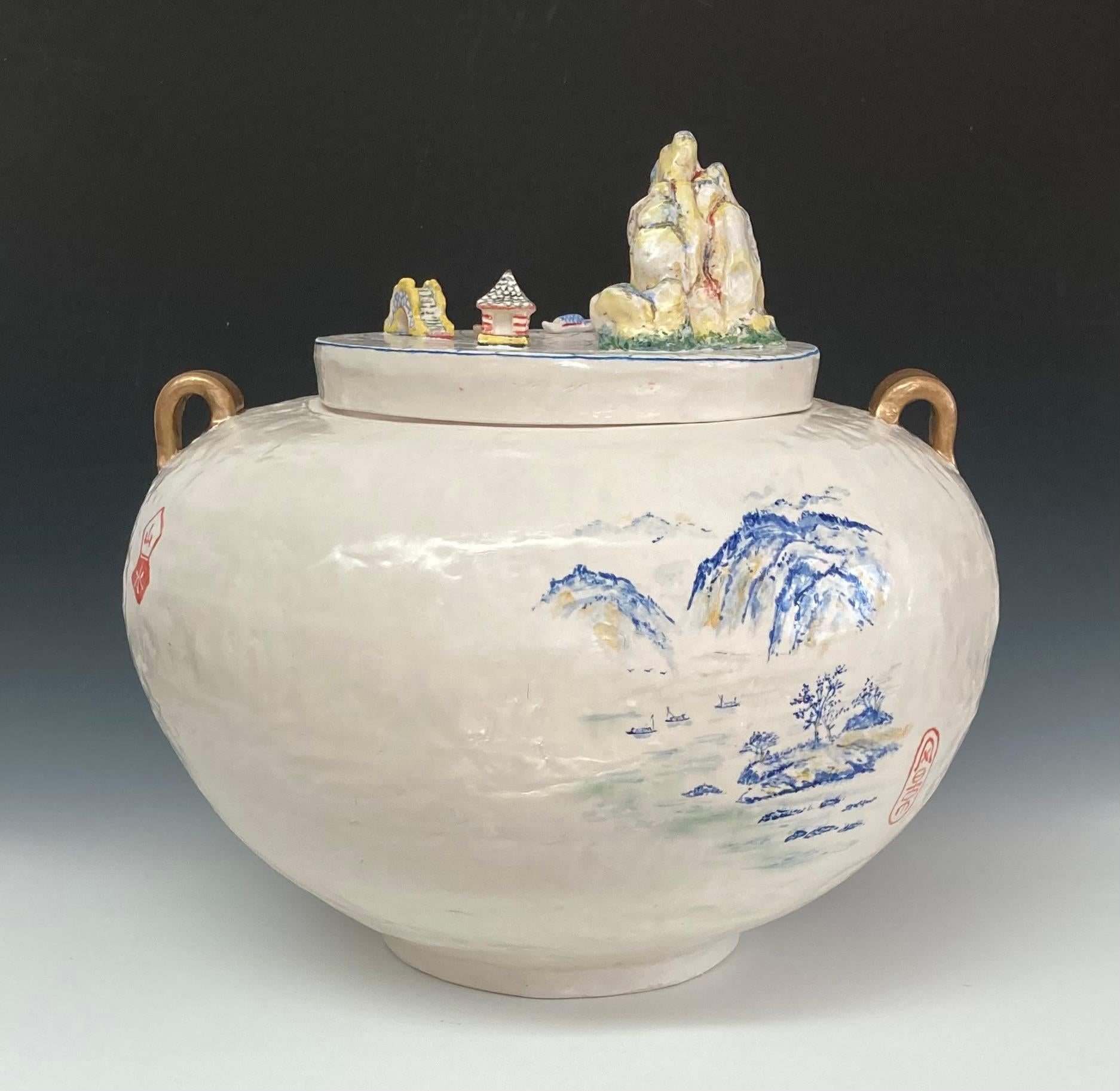 Beth Lo Still-Life Sculpture - Contemporary Porcelain Jar with Lid, Ceramic Sculpture, 16.5 x 17.5 x 17.5 inch