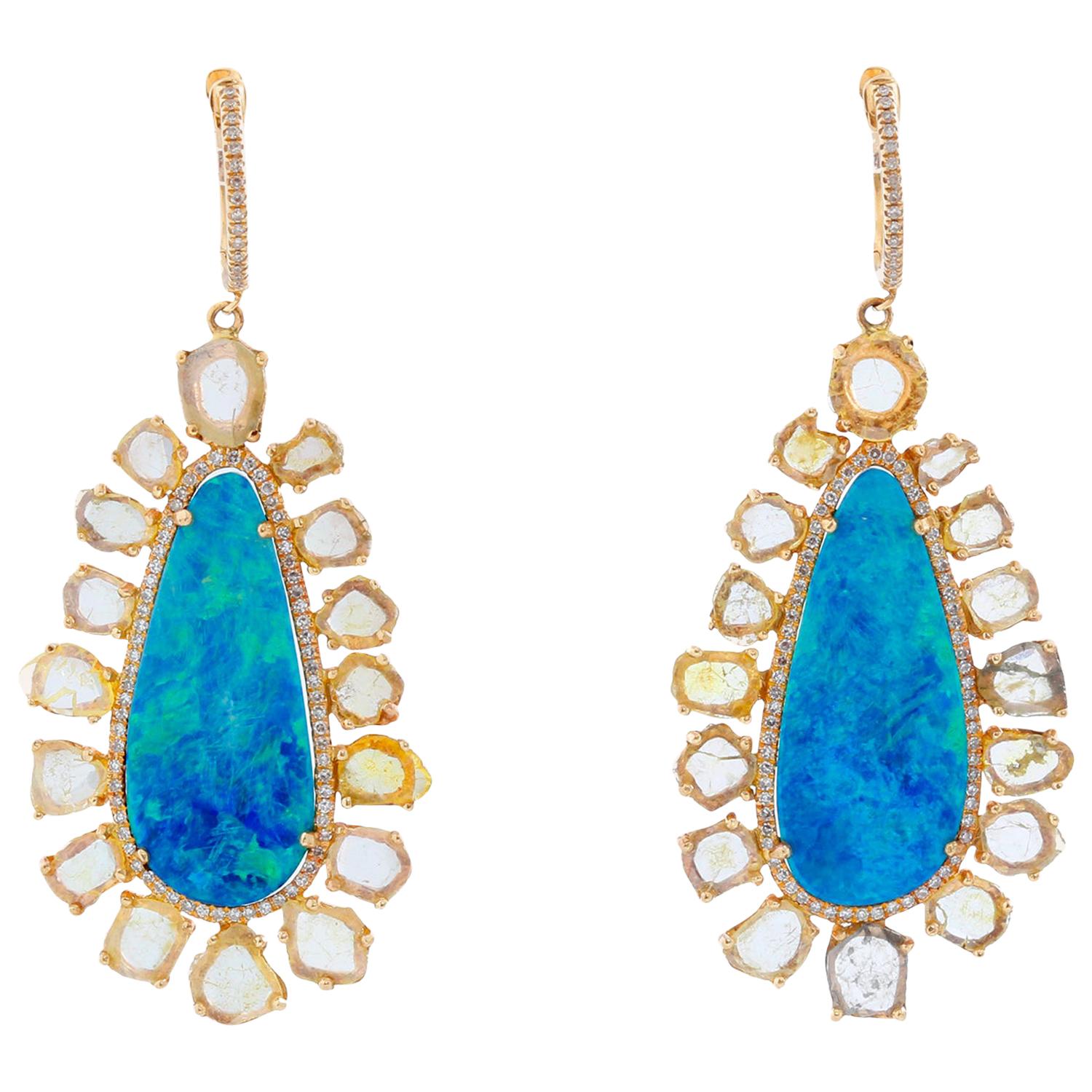 Beth Miller 14 Karat Yellow Gold Boulder Opal Diamond Earrings