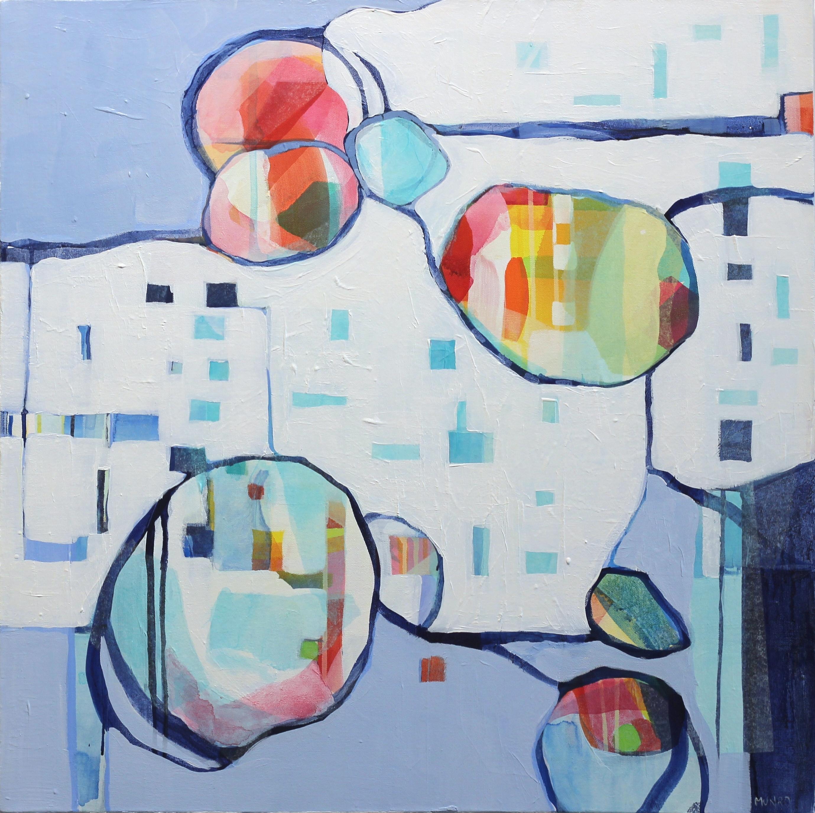 Beth Munro Abstract Painting - Bubbles and Stripes in Blue