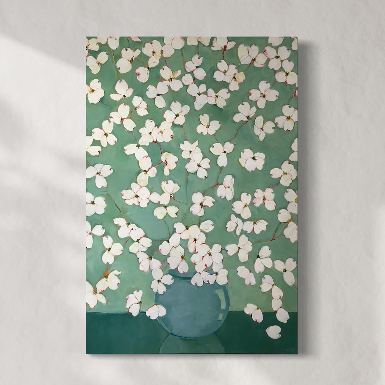 "Cornouillers en vert", peinture à l'huile florale abstraite contemporaine