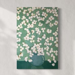 "Dogwoods in Green", Contemporary Abstracted Floral Oil Painting