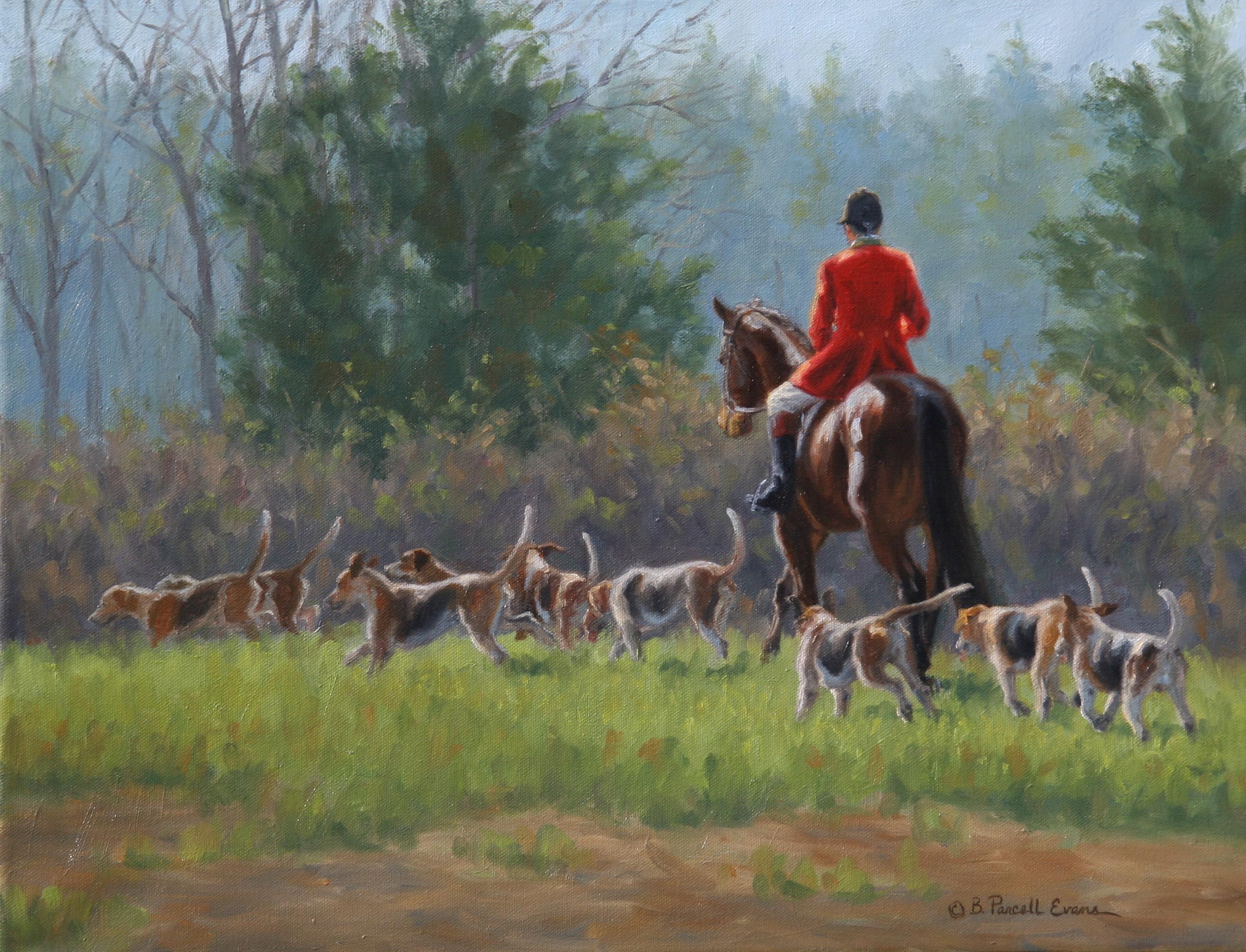 Beth Parcell, "Scarlet Coat", peinture à l'huile 14x18 sur le thème de la chasse au renard équin 