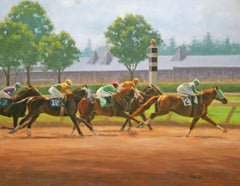 Peinture à l'huile Backlit Backstretch, paysage de cheval d'équitation, 22 x 28 cm, Beth Parcell