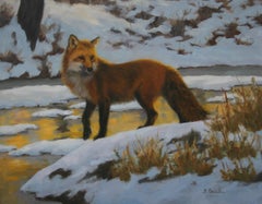Peinture à l'huile de Beth Parcell, "Or cuivré", paysage de renard rouge neige d'hiver 16x20 