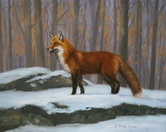 Beth Parcell, "Vibrant Winter Coat", 16x20 Snowy Red Fox Landscape Oil Painting 