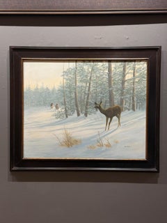 Beth Parcell, "Winter Dawn", 24x30 Winter Deer Wolf Landscape Oil Painting