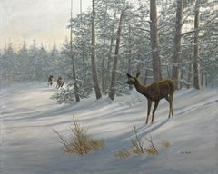 Beth Parcell - Beth Parcell, "Amanecer de invierno", 24x30 Pintura al óleo Paisaje con ciervos y lobos invernales Beth Parcell, "Amanecer de invierno", 24x30 Pintura al óleo Paisaje con ciervos y lobos invernales