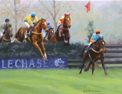 Beth Parcell, "A Narrow Lead", 14x18 Equine Steeplechase Oil Painting 