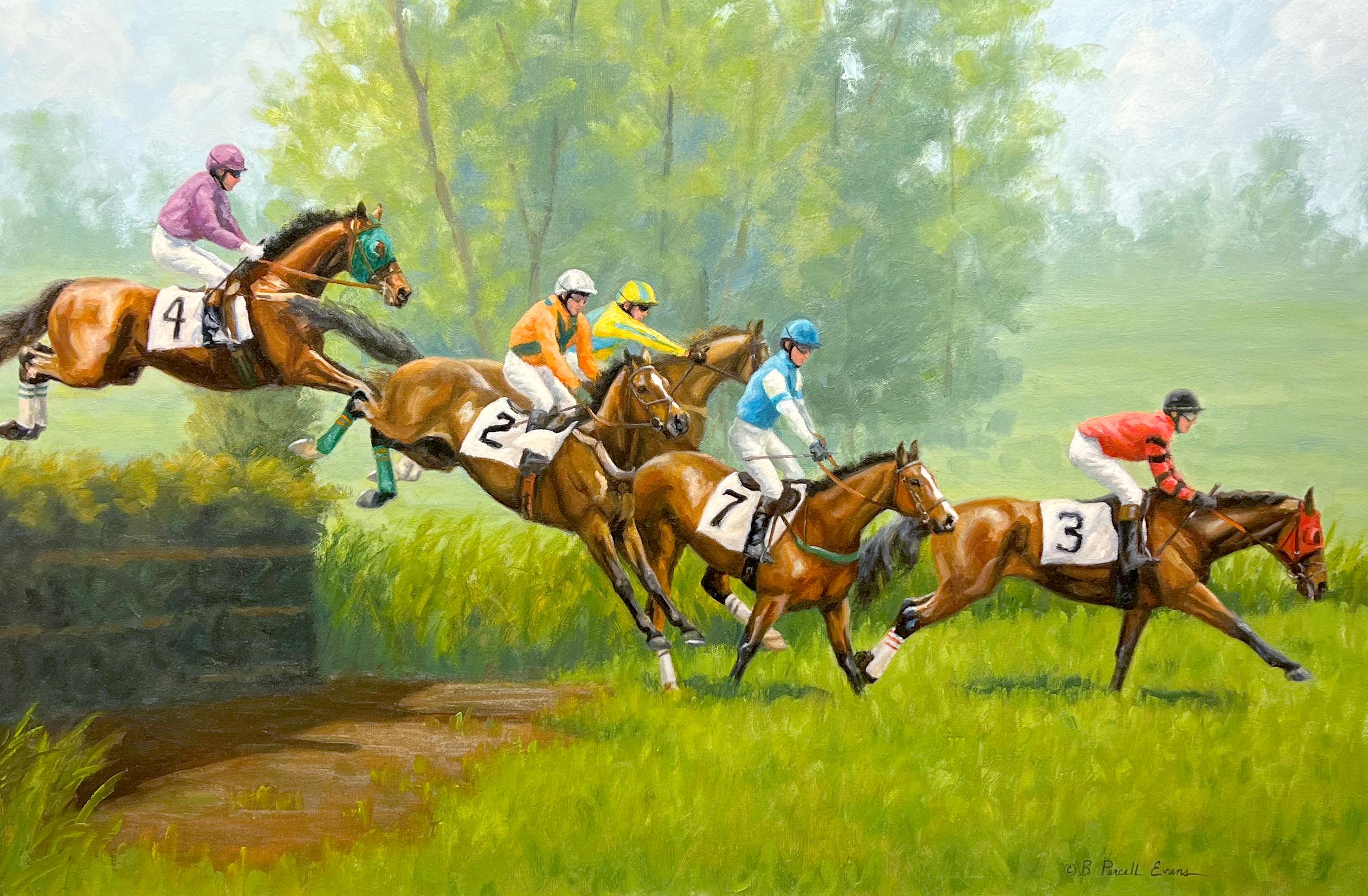 Beth Parcell  Animal Painting - Beth Parcell, "Brave Hearts", 20x30 Steeplechase Racing Oil Painting on Canvas 
