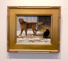 Beth Parcell, "Cautious", 8x10 Dog and Cat Winter Barn Landscape Oil Painting