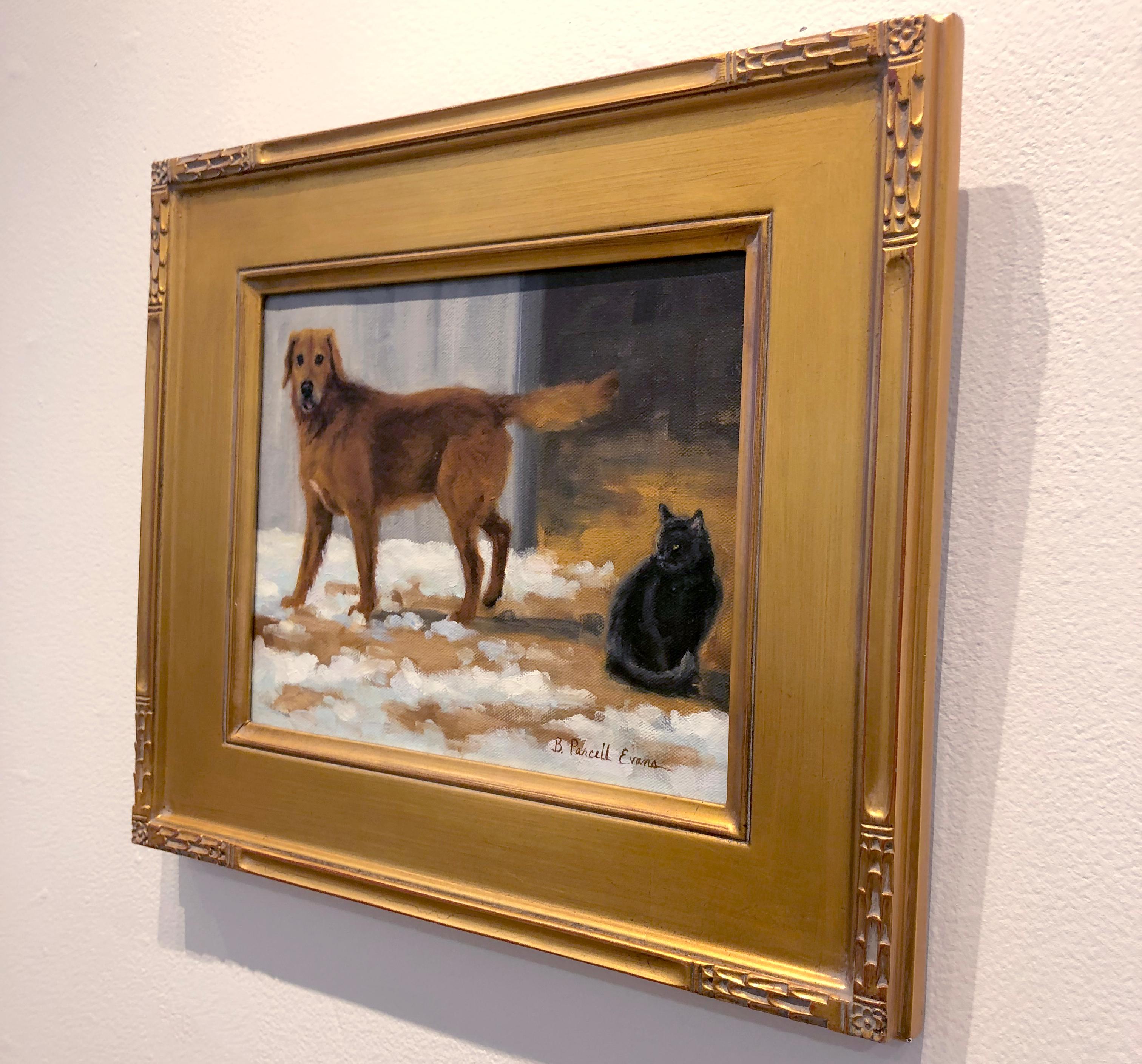 Beth Parcell, „Cautious“, 8x10 Hunde- und Katze-Winterstall-Landschaft, Ölgemälde  (Realismus), Painting, von Beth Parcell 