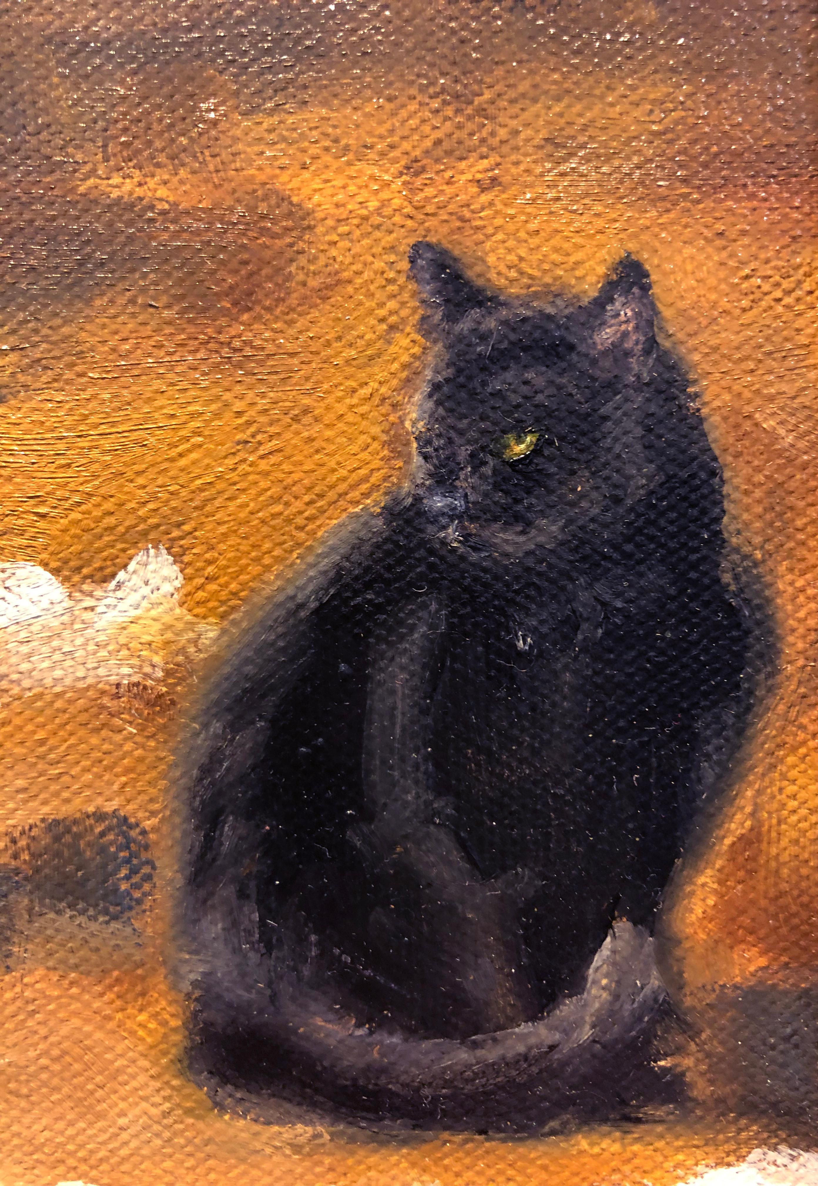 Beth Parcell, „Cautious“, 8x10 Hunde- und Katze-Winterstall-Landschaft, Ölgemälde  im Angebot 1