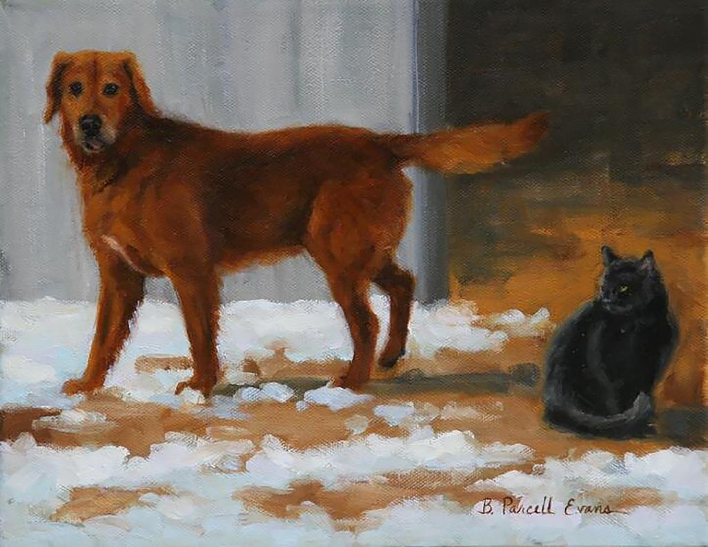 Beth Parcell  Animal Painting - Beth Parcell, "Cautious", 8x10 Dog and Cat Winter Barn Landscape Oil Painting 