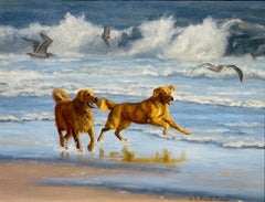 Beth Parcell, "Double the Fun", 14x18 Dog Beach Oil Painting 