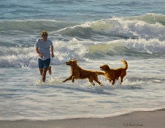 Beth Parcell, "Frolicking", 16x20 Dog Seascape Oil Painting on Canvas