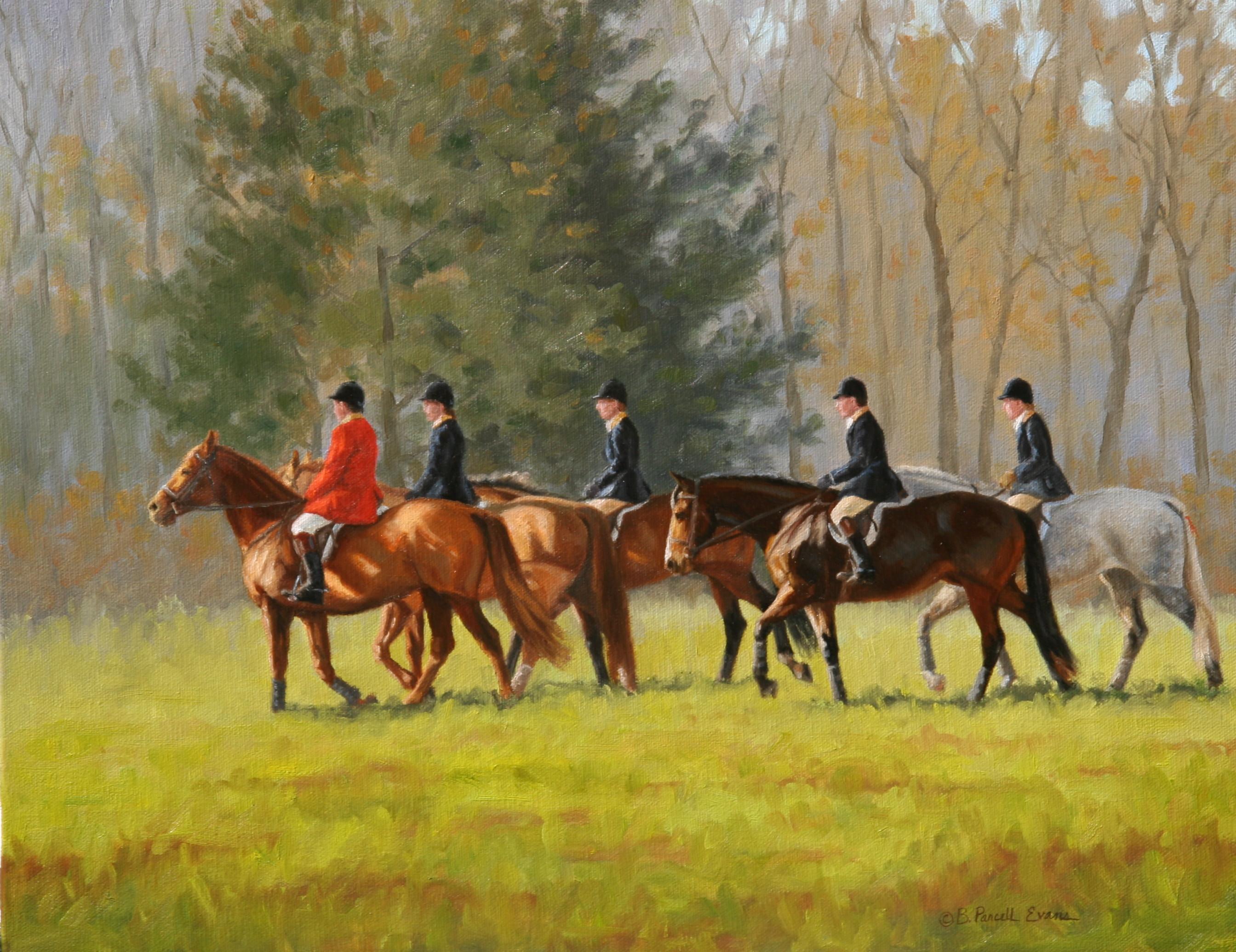 Beth Parcell, "Hacking Home", 16x20 Equine Fox Hunt Landscape Oil Painting