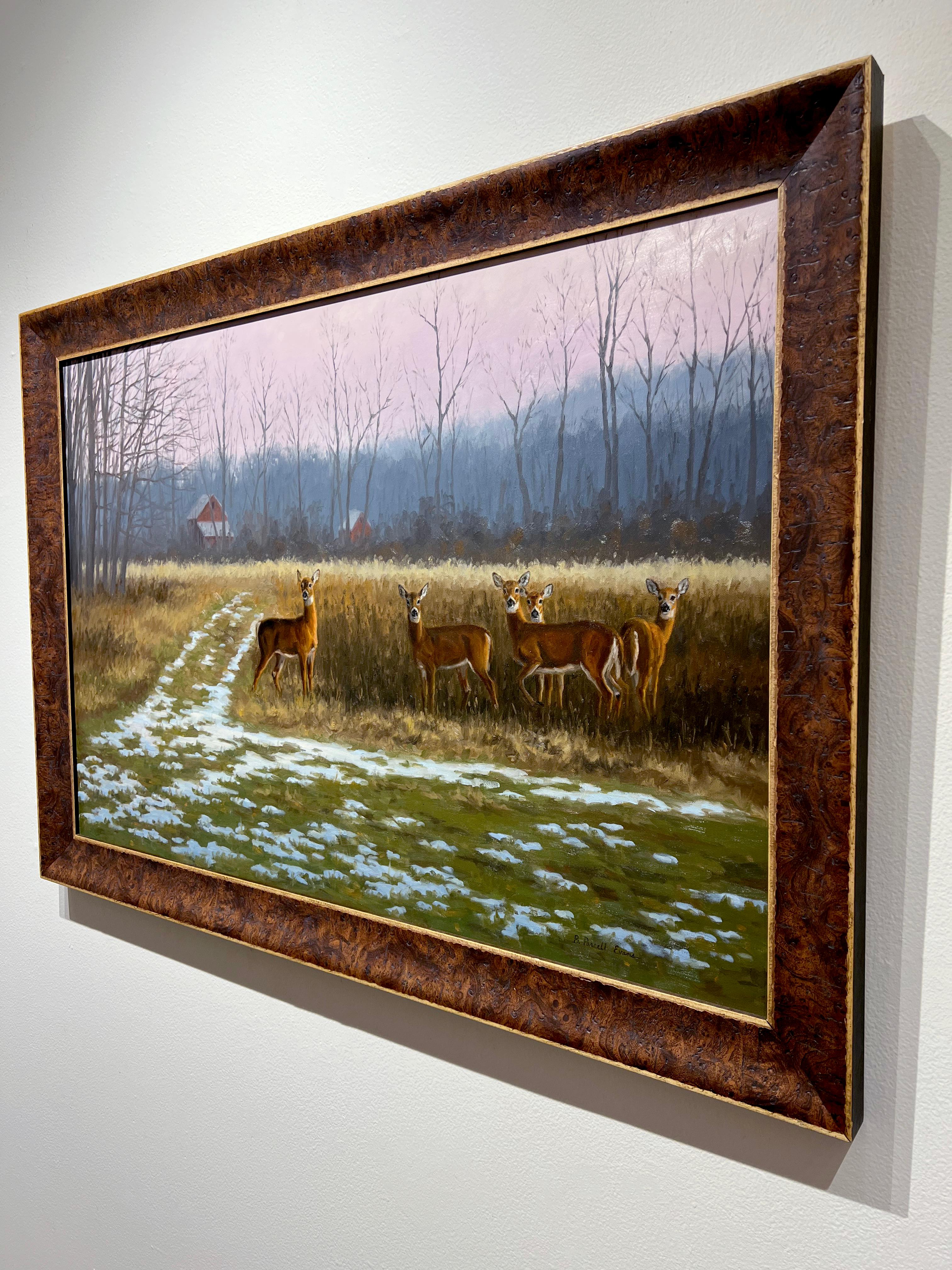 Beth Parcell, „Januar Dawn“, 24x36 Schneewittchen-Winterlandschaft, Ölgemälde  (Braun), Animal Painting, von Beth Parcell 