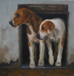 Beth Parcell, "Kennel Doorway", 12x12 Hound Portrait Oil Painting on Canvas 
