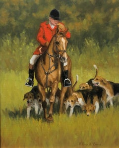 Beth Parcell, "Loyal Followers", peinture à l'huile 14x11 sur les chevaux de chasse au renard et les chiens de chasse  