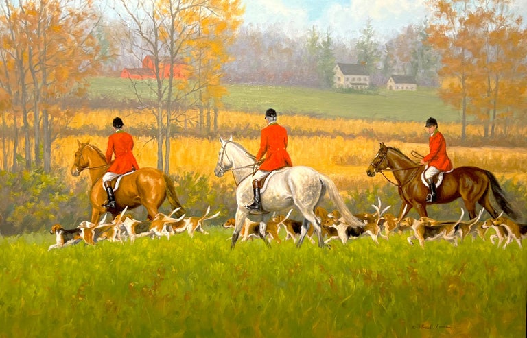 Beth Parcell  Animal Painting - Beth Parcell, "Mid Morning Sun", 24x36 Fox Hound Hunt Landscape Oil Painting