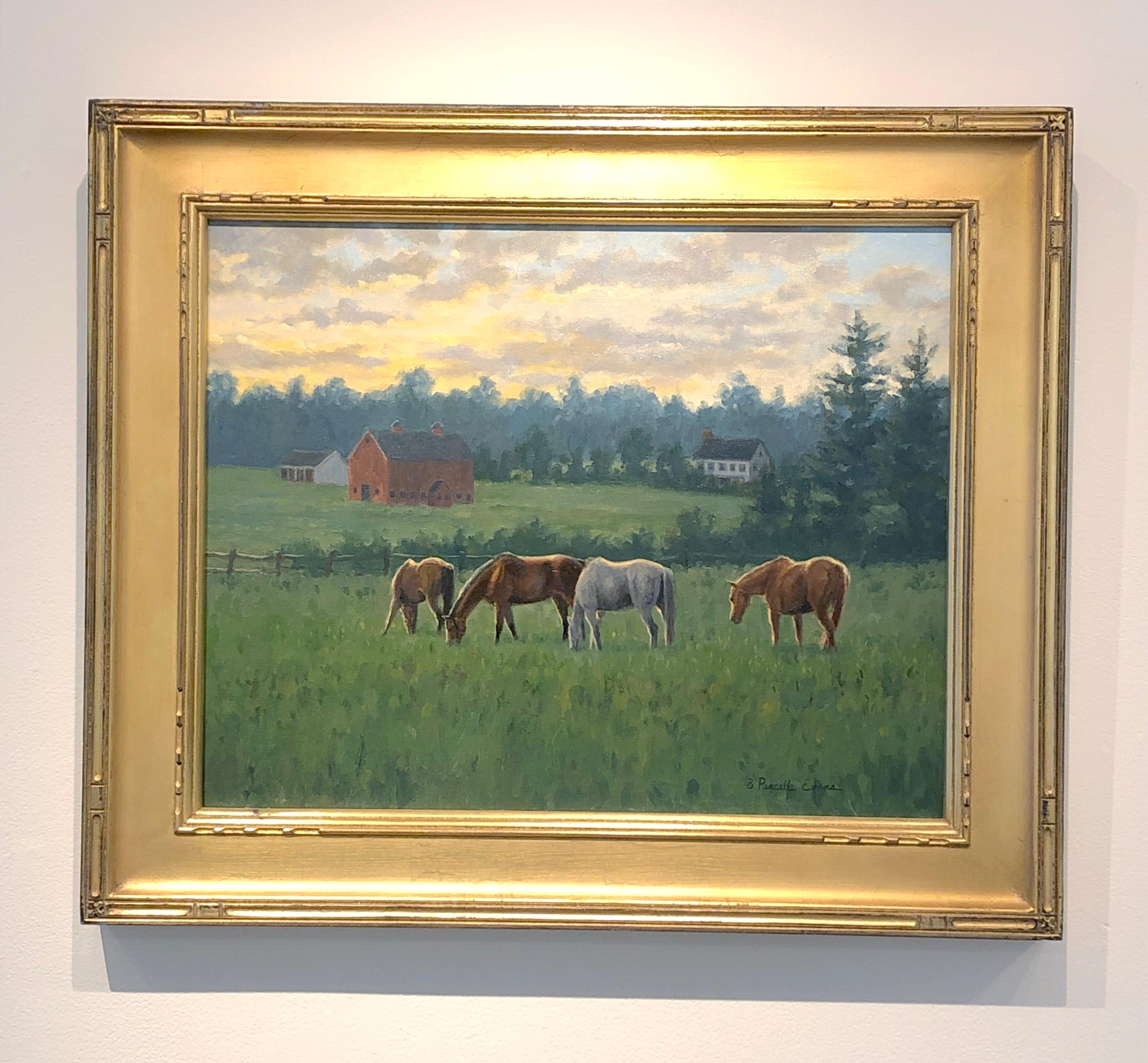 Peinture à l'huile « Peaceful Evening » de Beth Parcell, paysage de ferme à chevaux d'équitation, 16 x 20 cm - Painting de Beth Parcell 