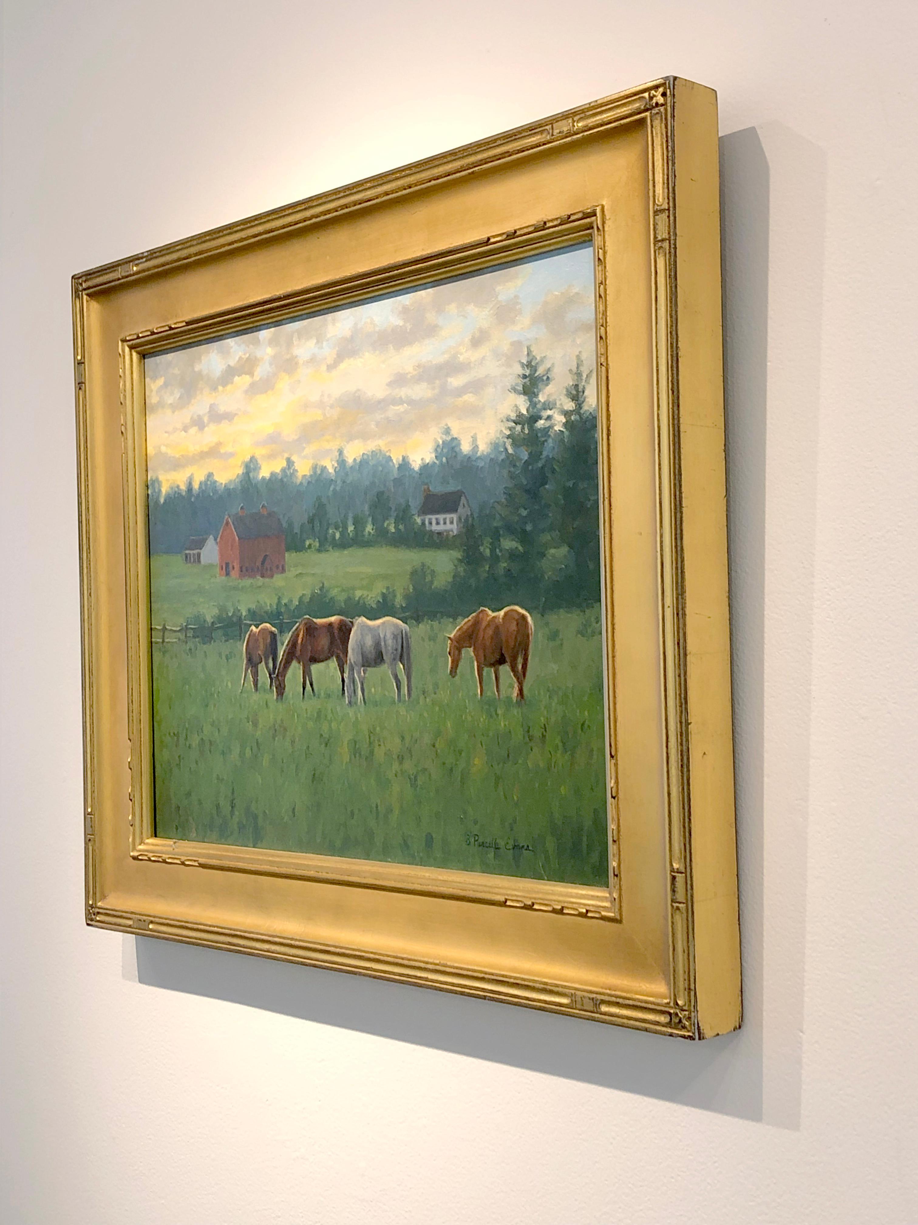 Peinture à l'huile « Peaceful Evening » de Beth Parcell, paysage de ferme à chevaux d'équitation, 16 x 20 cm - Réalisme Painting par Beth Parcell 