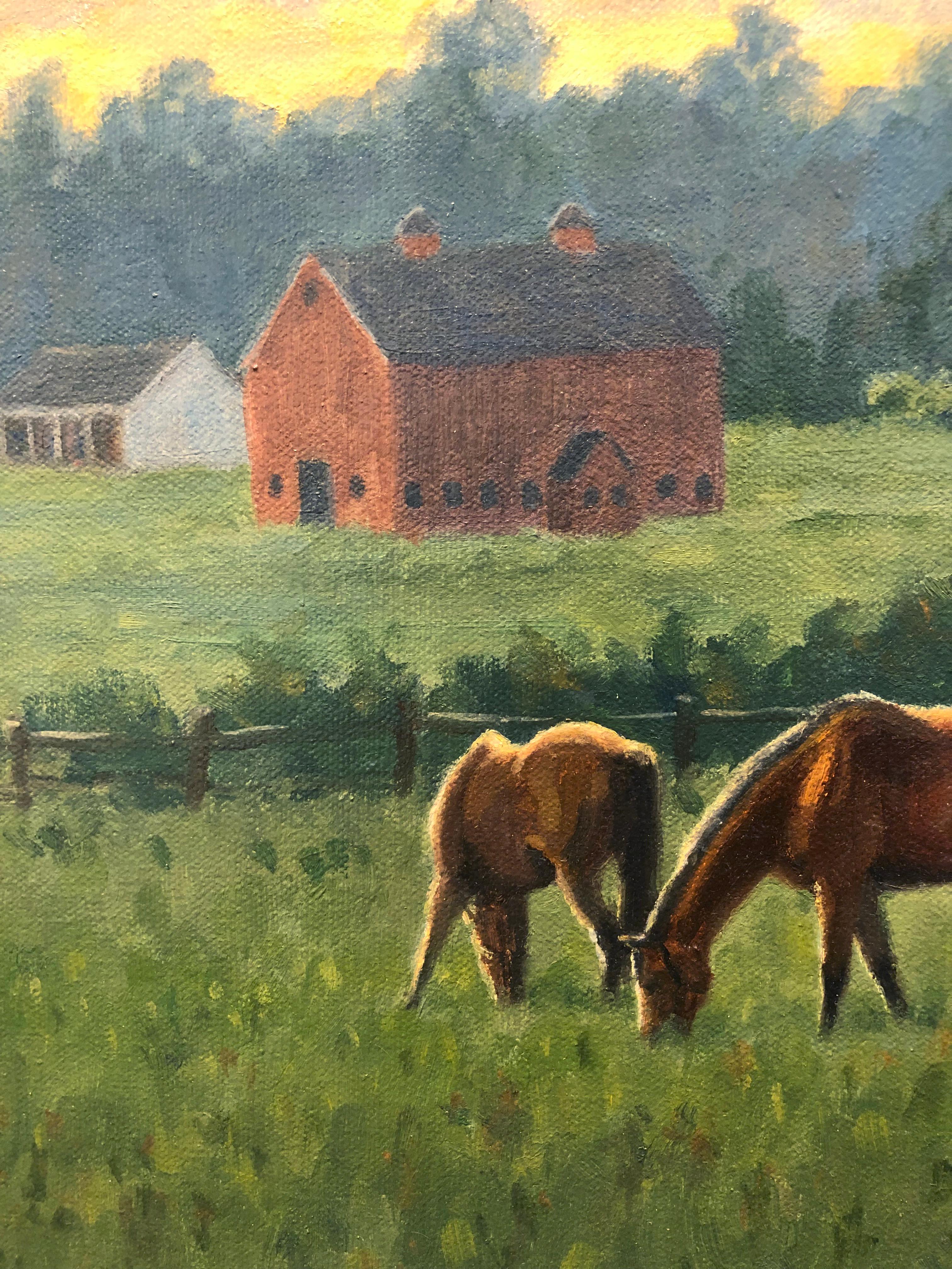 Peinture à l'huile « Peaceful Evening » de Beth Parcell, paysage de ferme à chevaux d'équitation, 16 x 20 cm en vente 2